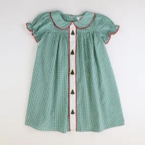 Embroidered Collared Christmas Trees  Dress - Dark Green Mini Gingham