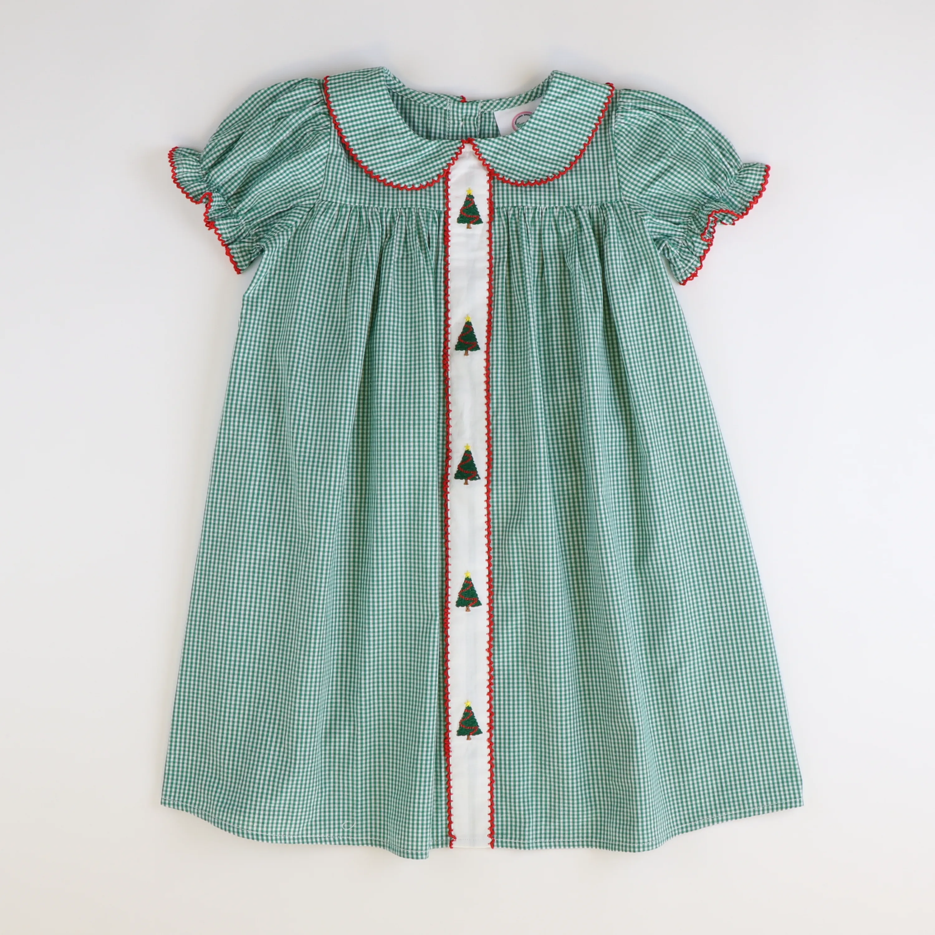 Embroidered Collared Christmas Trees  Dress - Dark Green Mini Gingham