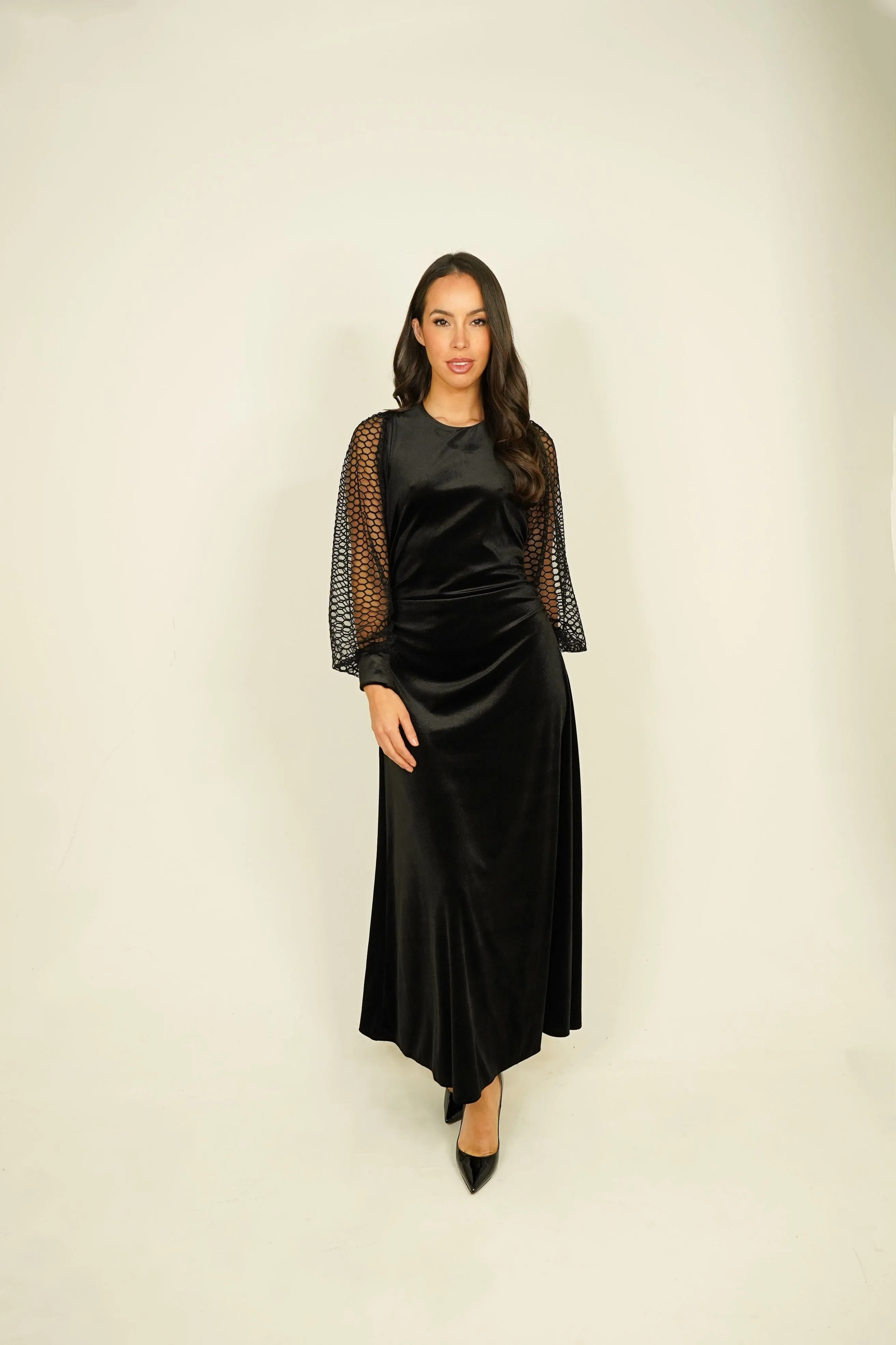 Eva Mesh Sleeve Velvet Dress In Black