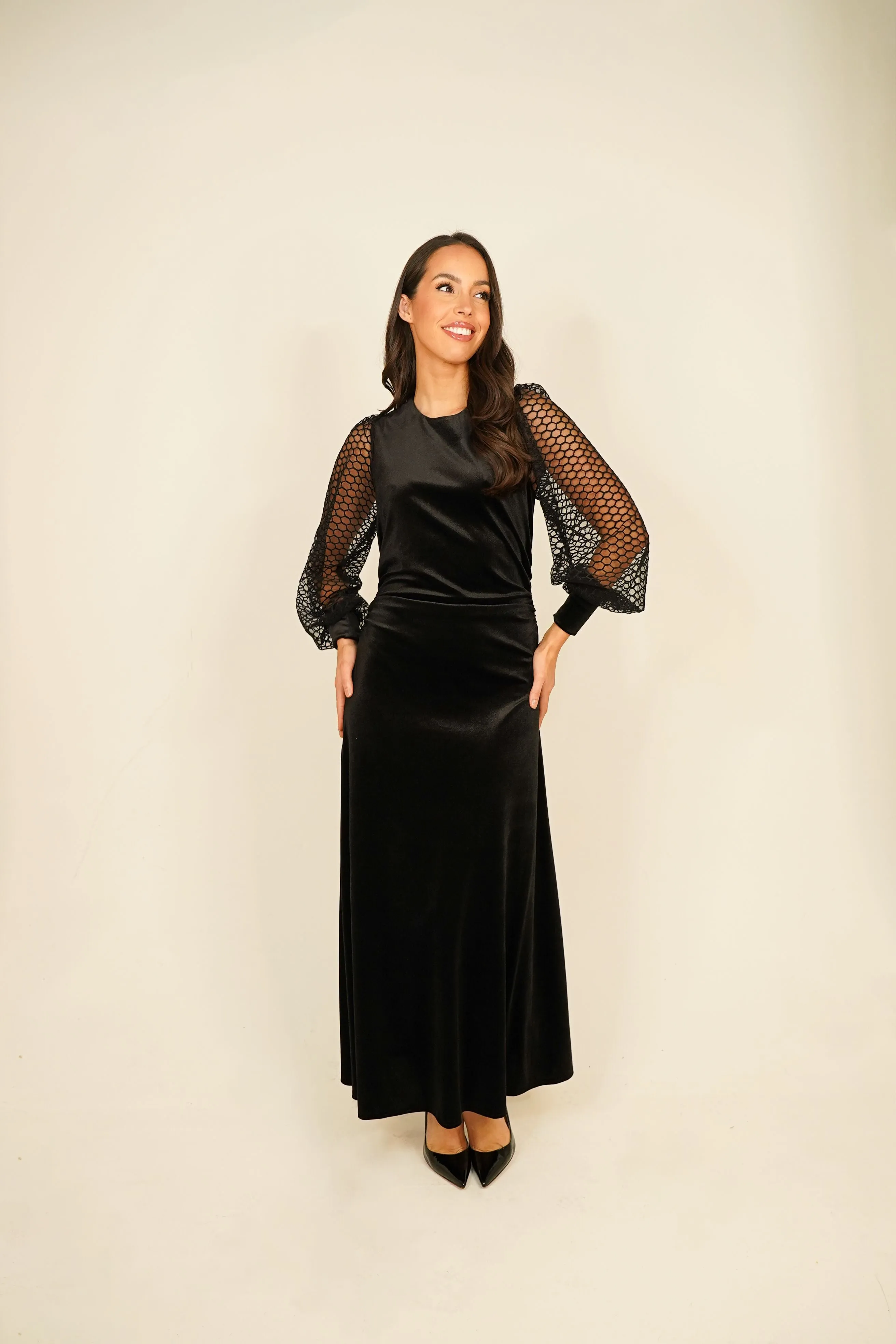 Eva Mesh Sleeve Velvet Dress In Black