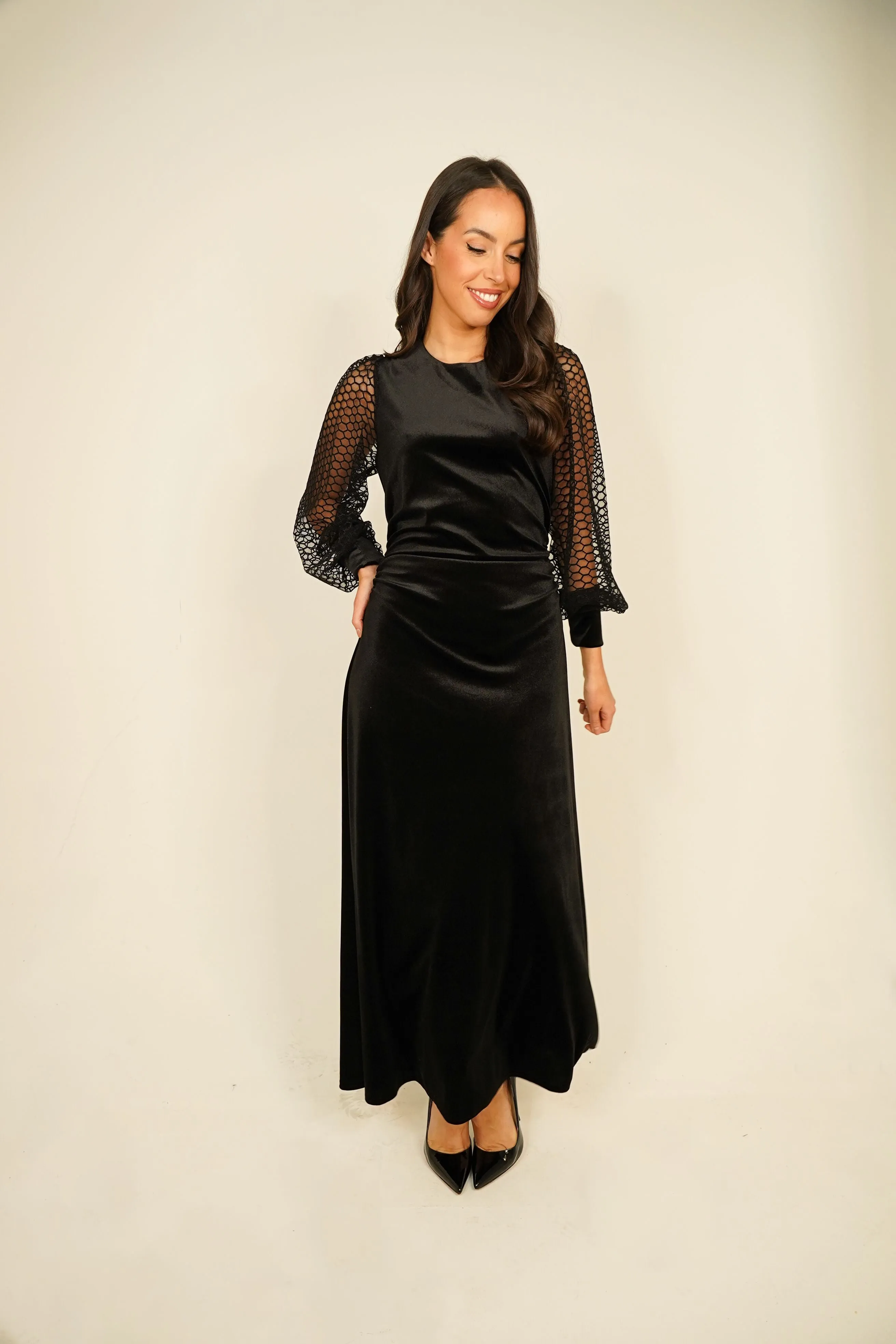 Eva Mesh Sleeve Velvet Dress In Black