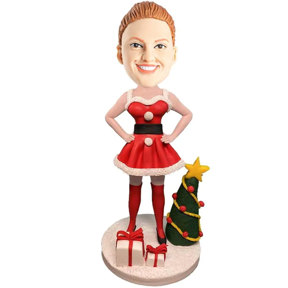 Female In Christmas Dress Hands On Hips With Christmas Tree Custom Figure Bobbleheads