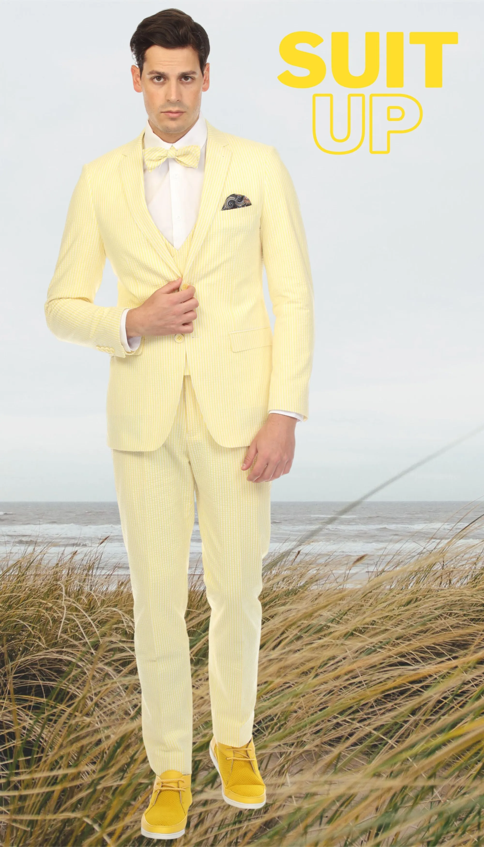 Ferrecci Cotton Slim fit Yellow Notch Lapel 2 Button Seersucker Suit Vest Optional