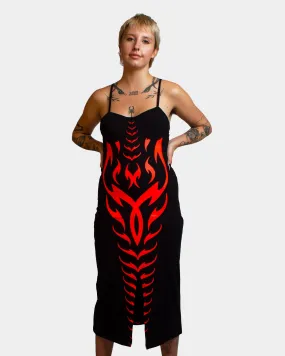 FRONT SPLIT DRESS TRIBAL PHOENIX BLACK / RED