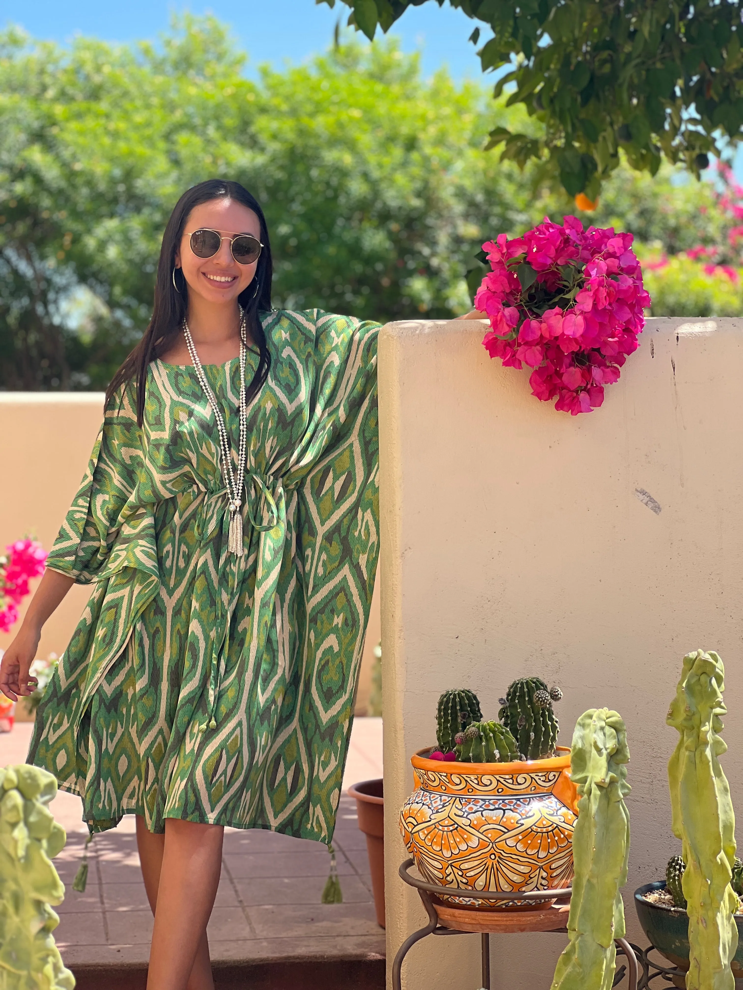 Gallipoli Green Ikat Italian Silk Midi Kaftan