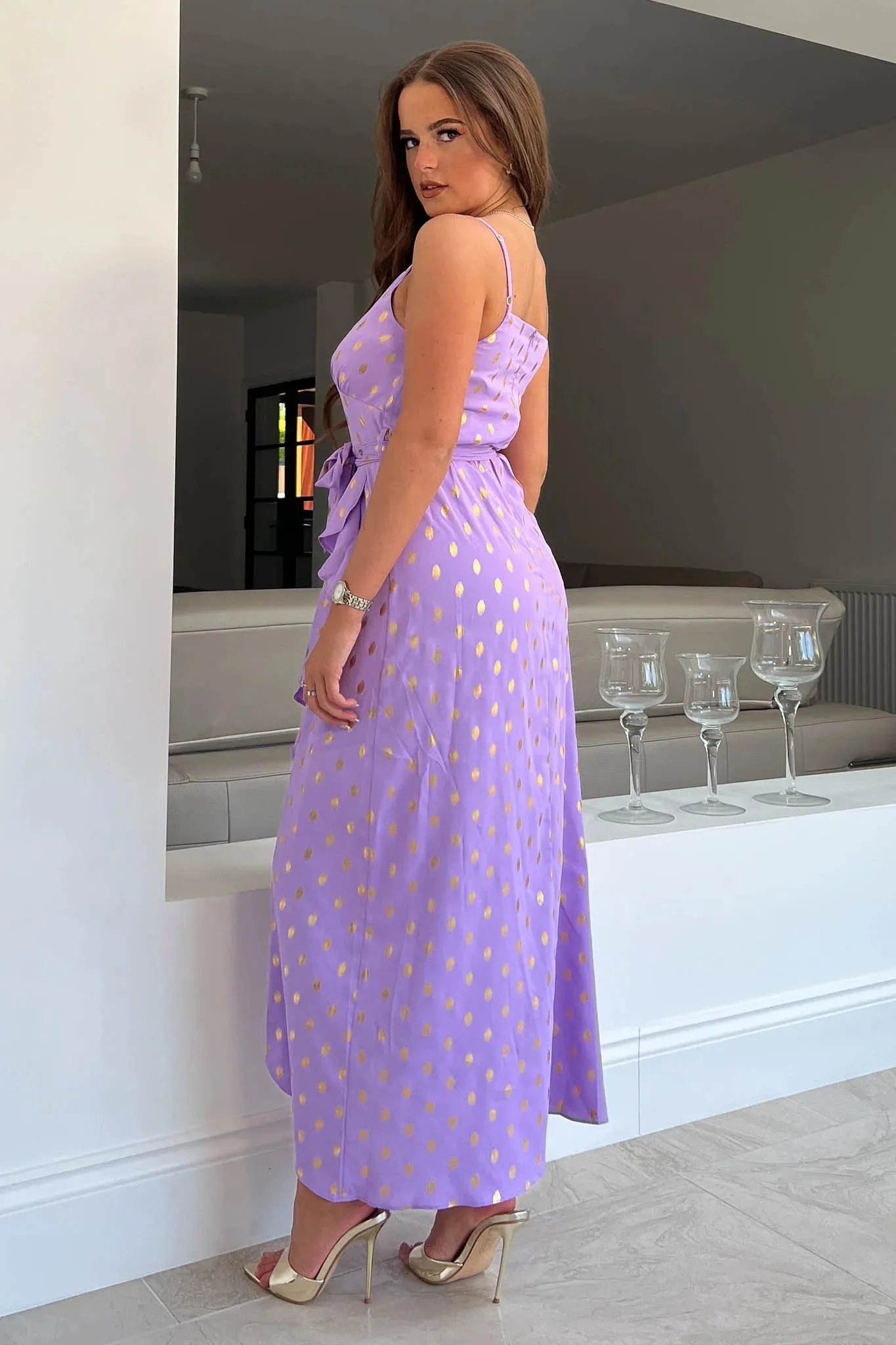 Girl in Mind Isadora Lilac with Gold Foil Cami Frill Detail Maxi Dress