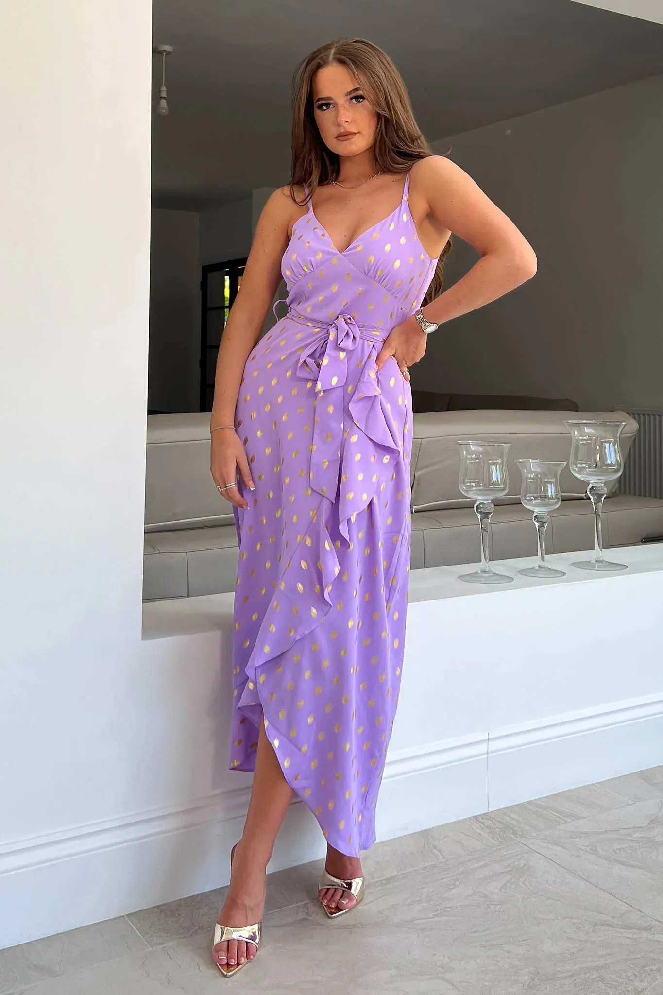 Girl in Mind Isadora Lilac with Gold Foil Cami Frill Detail Maxi Dress