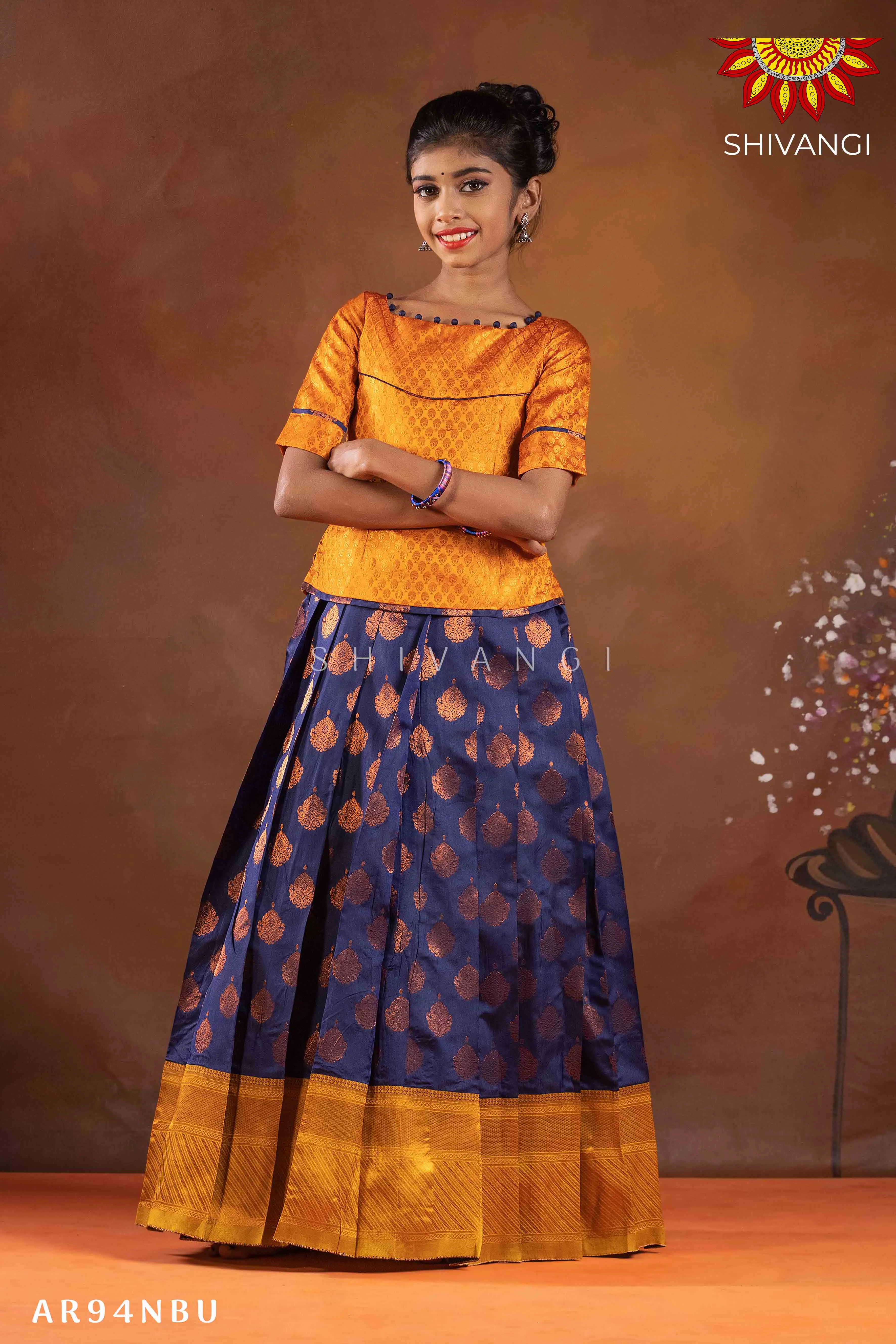 Girl Navy Blue Copper Pendant Pattu Pavadai |Langa