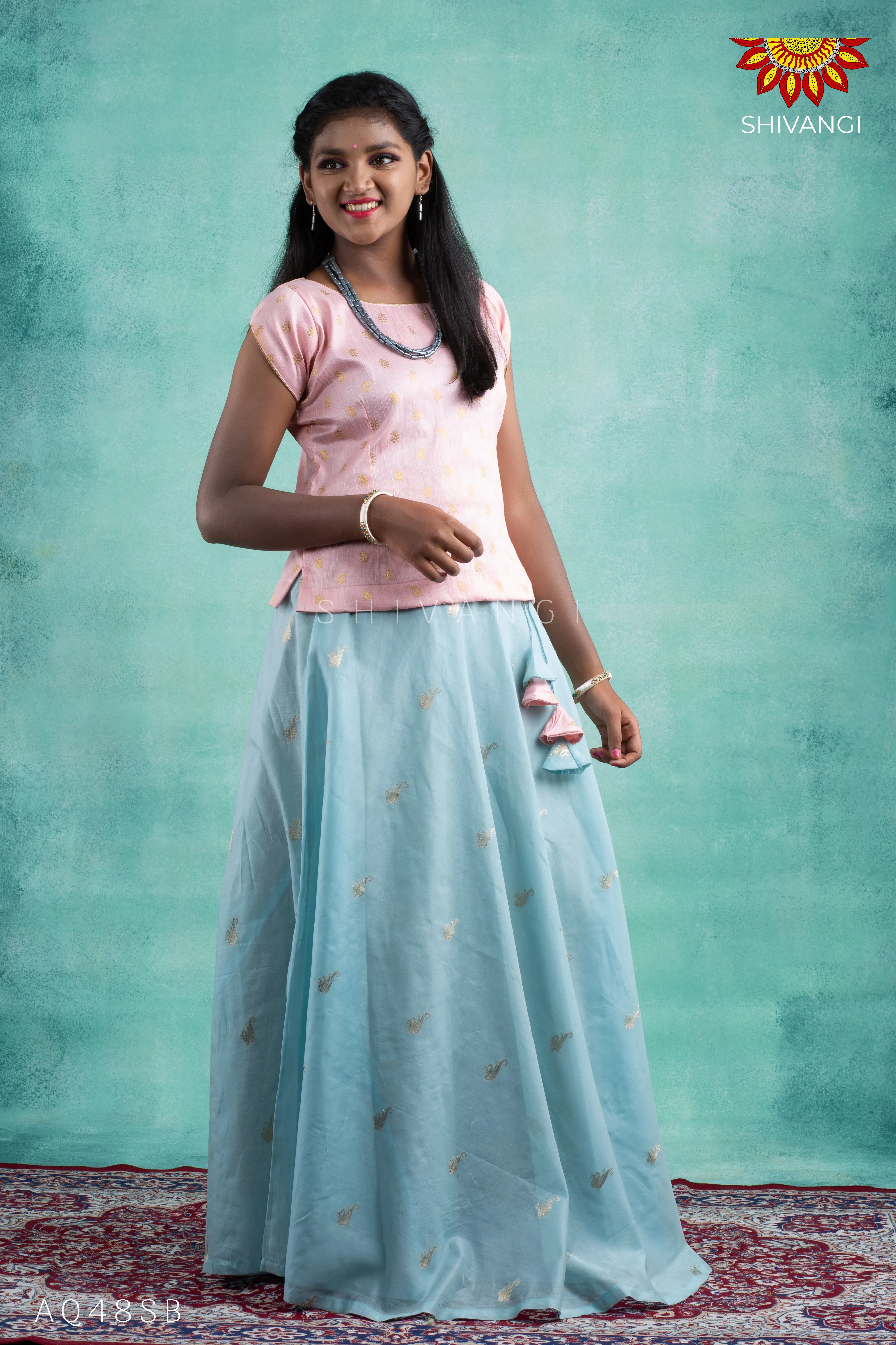 Girls Blue Chanderi Tulip Pattu Pavadai