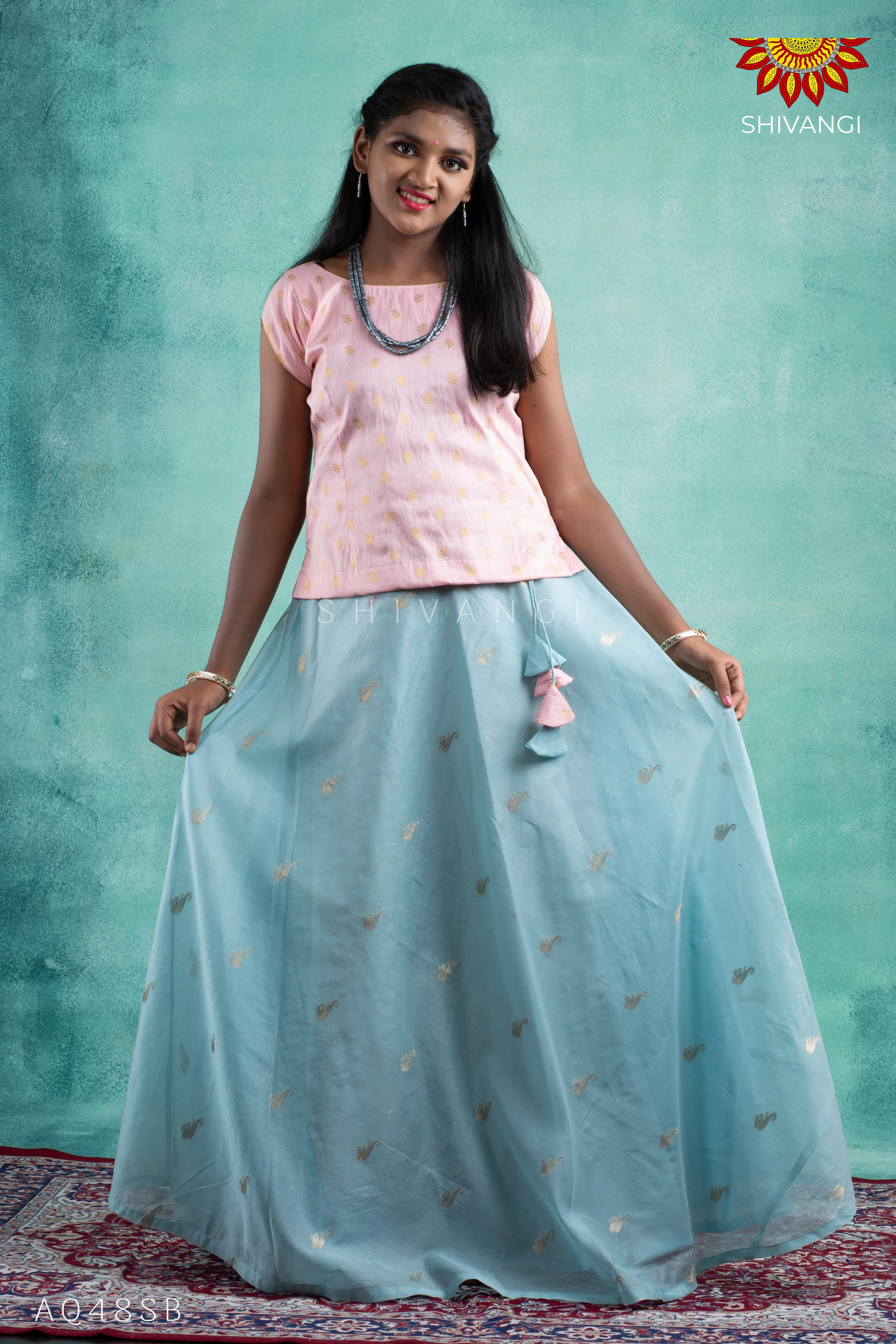 Girls Blue Chanderi Tulip Pattu Pavadai