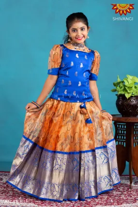 Girls Blue Pink Lilly Pattu Pavadai