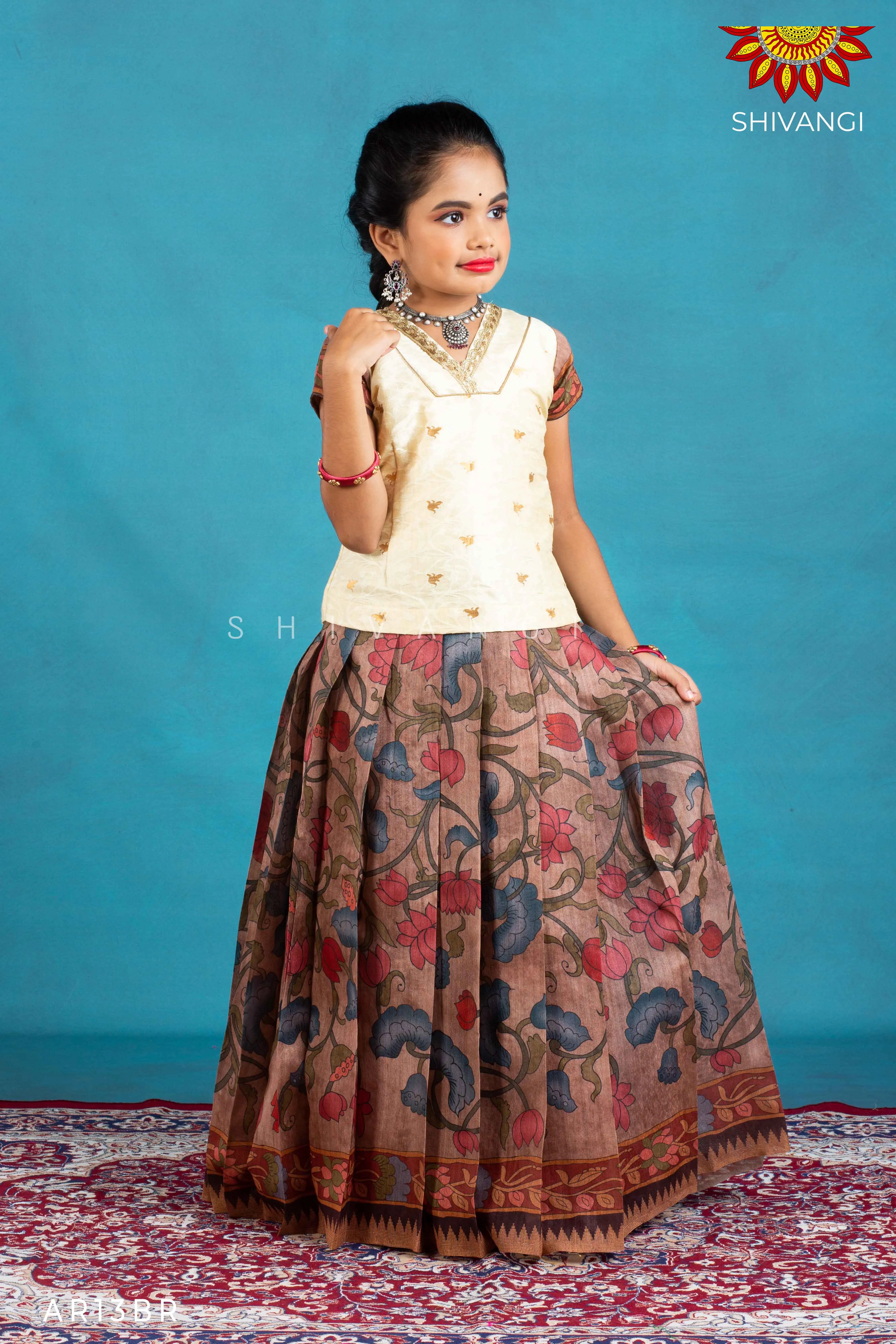 Girls Brown Kalamkari Jute Pattu Pavadai