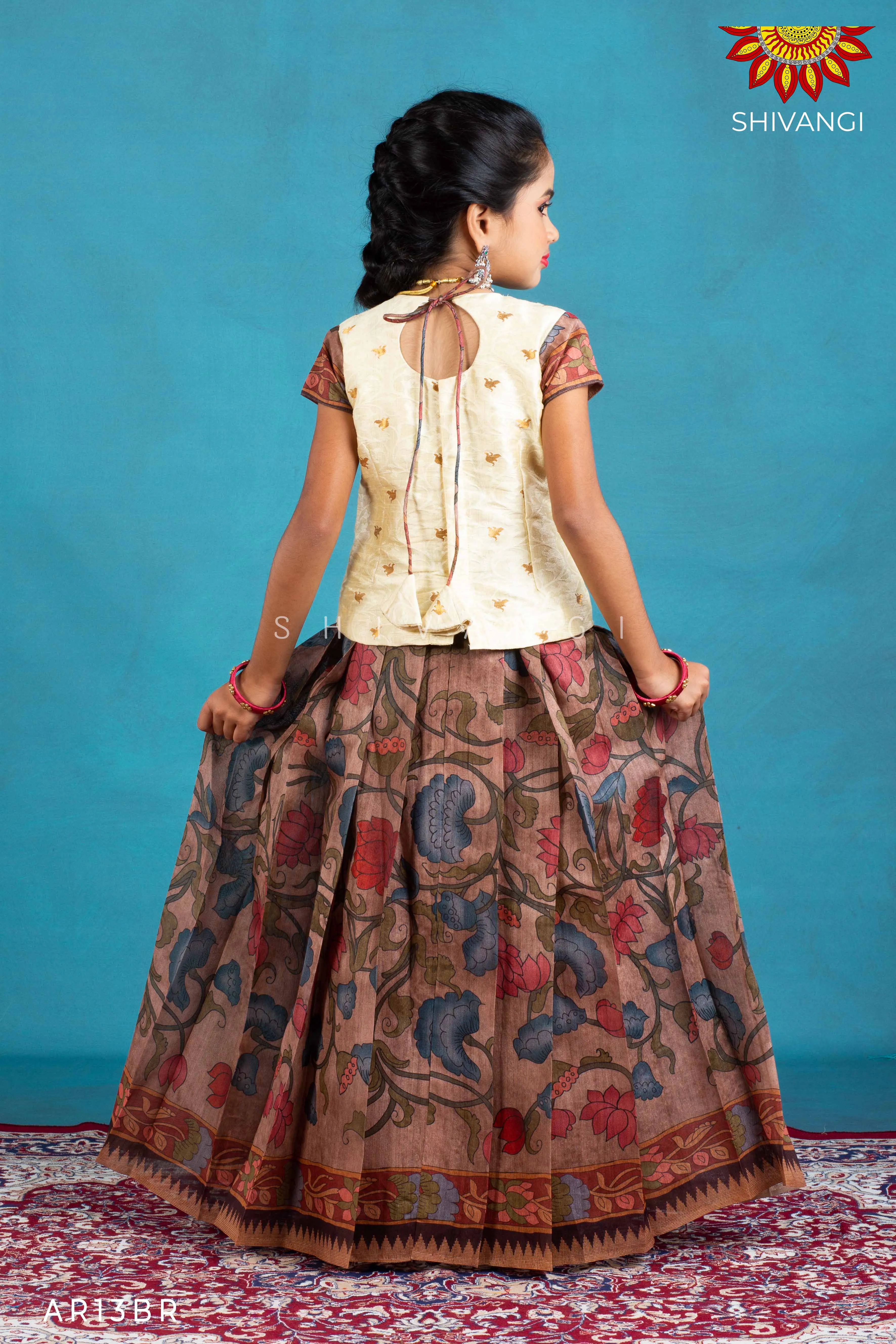 Girls Brown Kalamkari Jute Pattu Pavadai