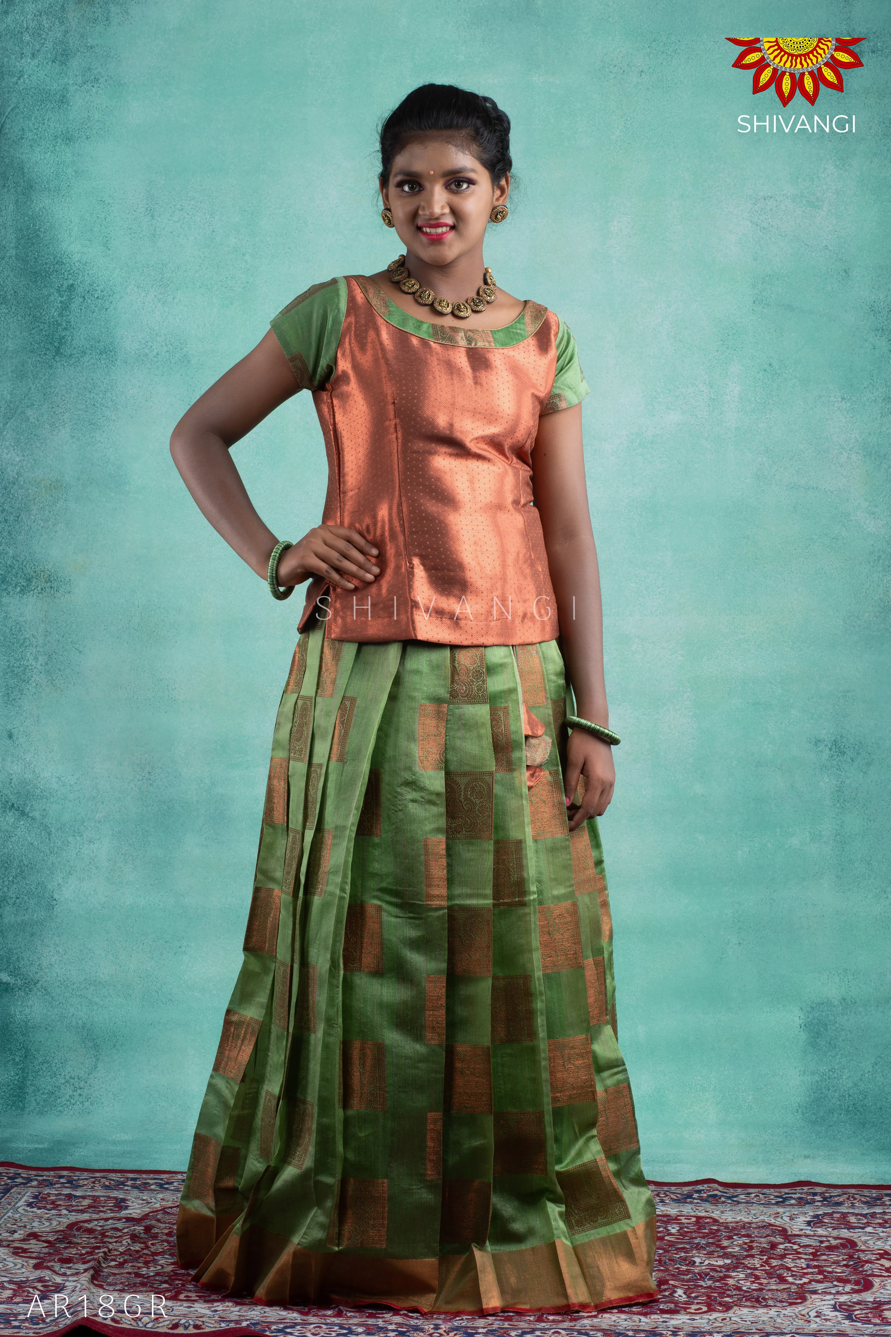 Girls Green Copper Peacock Pattu Pavadai