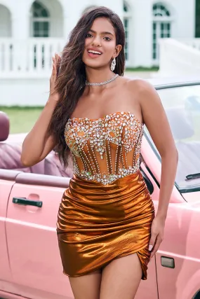 Glitter Copper Tight Strapless Corset Pleated Short Metallic Homecoming Dress with Beading