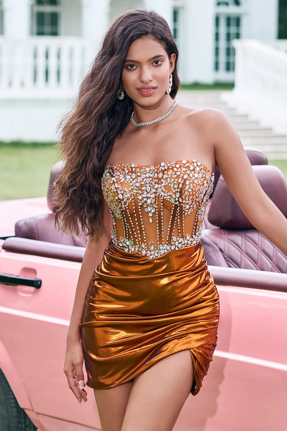 Glitter Copper Tight Strapless Corset Pleated Short Metallic Homecoming Dress with Beading