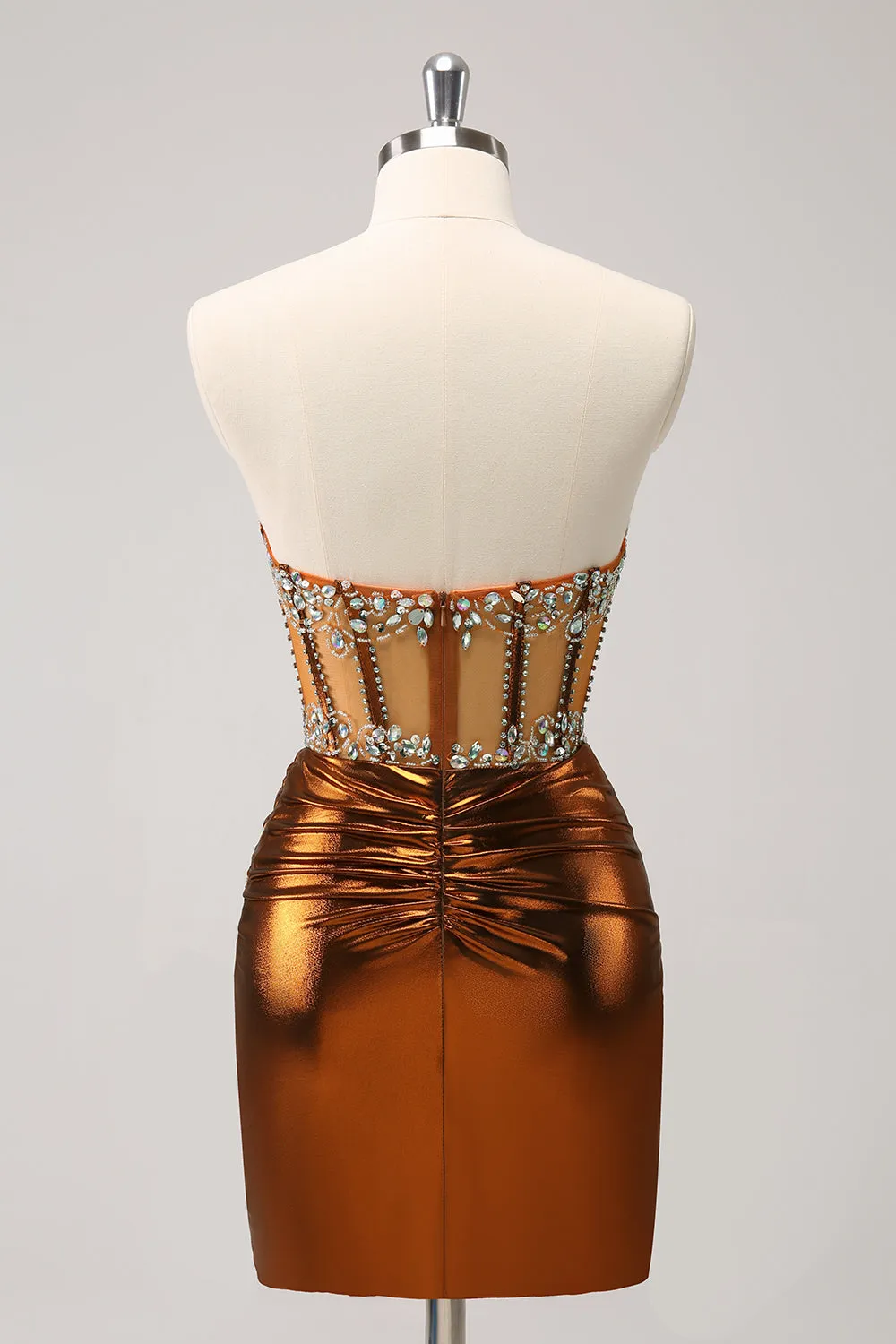 Glitter Copper Tight Strapless Corset Pleated Short Metallic Homecoming Dress with Beading