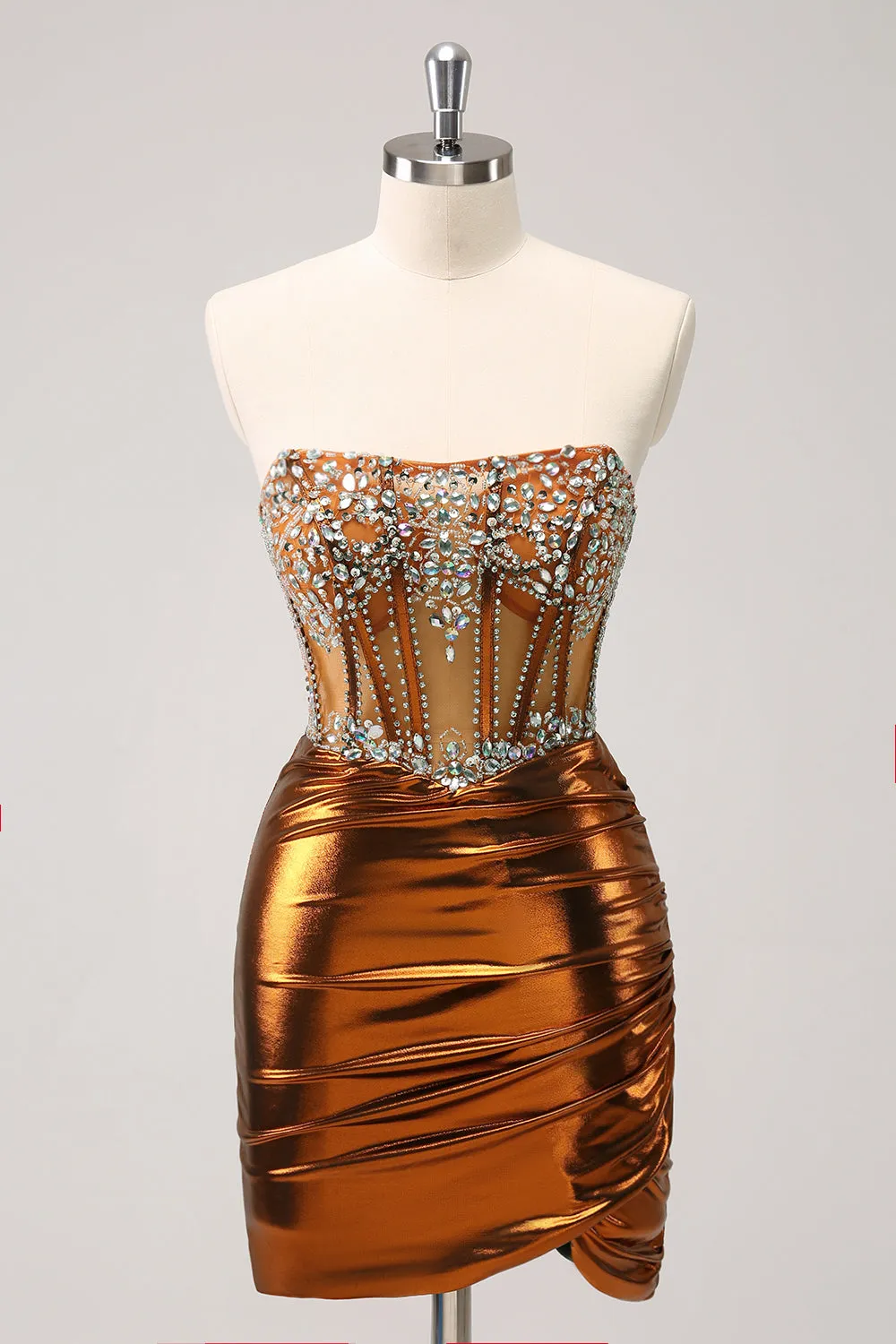 Glitter Copper Tight Strapless Corset Pleated Short Metallic Homecoming Dress with Beading