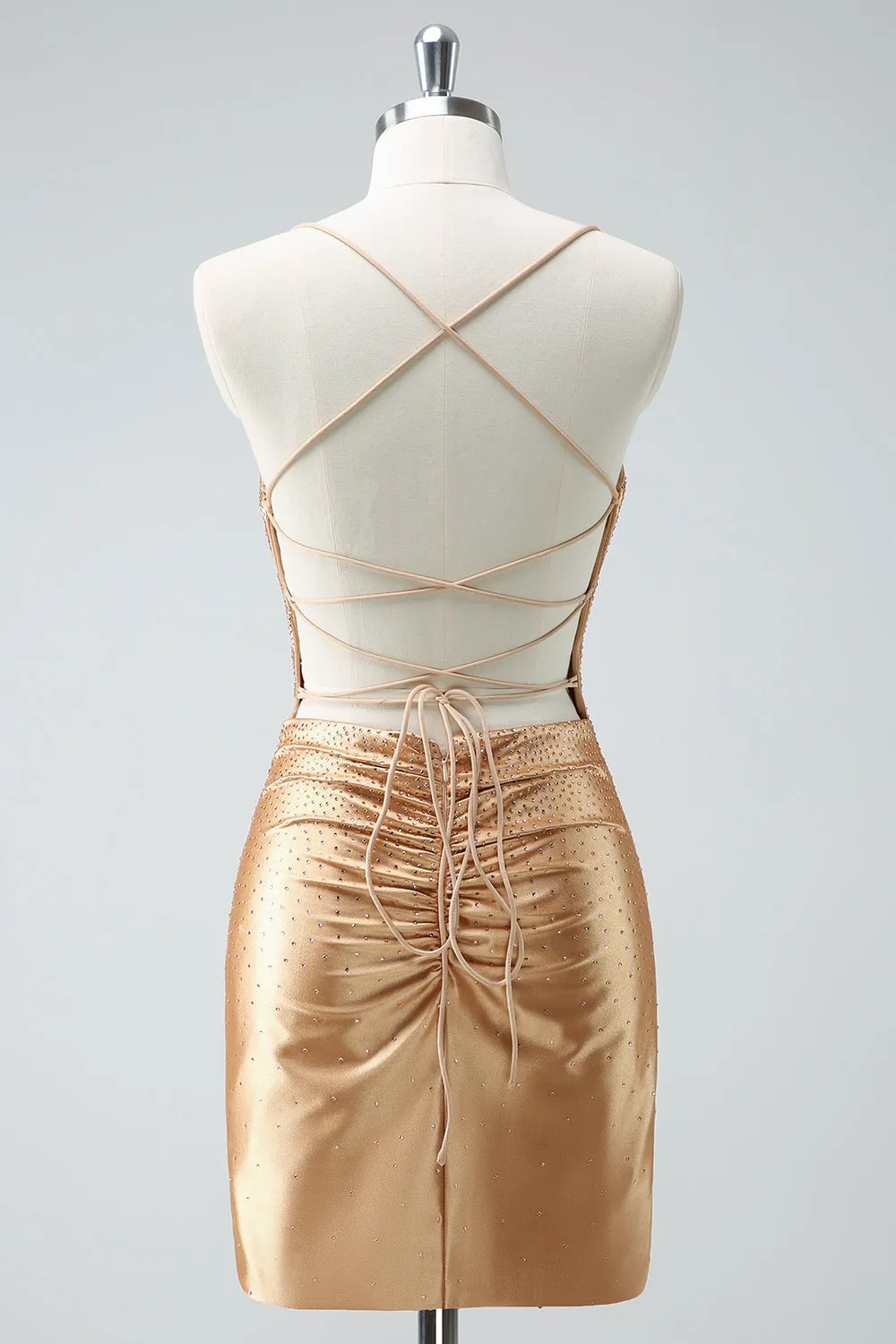 Gorgeous Golden Spaghetti Straps Corset Short Tight Homecoming Dress with Beading