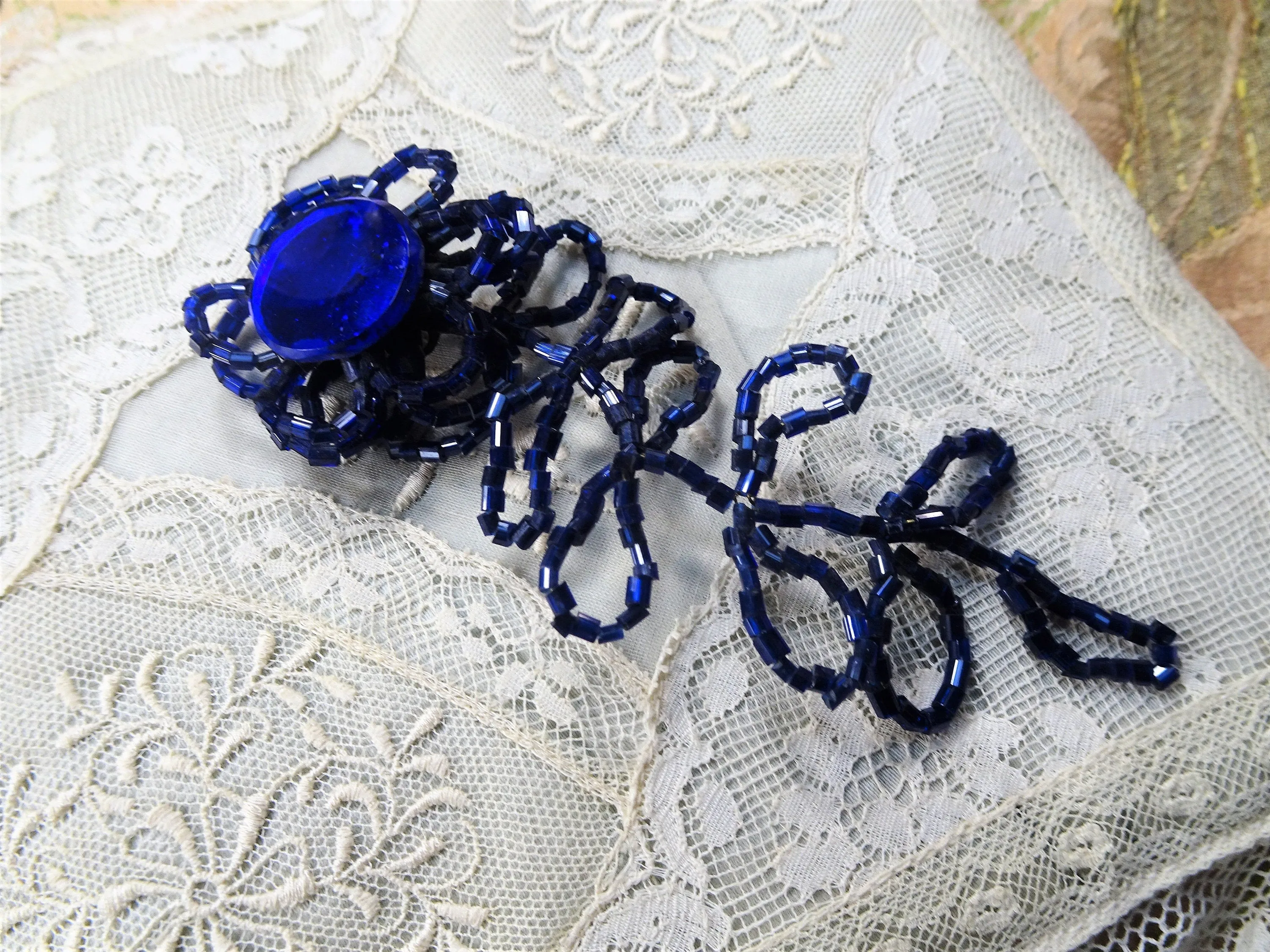 GORGEOUS Victorian French Dress Ornament, Royal Blue Glass, Beaded Glass Pin On Ornament, Unique and Rare Dress Trim, Collectible Trims