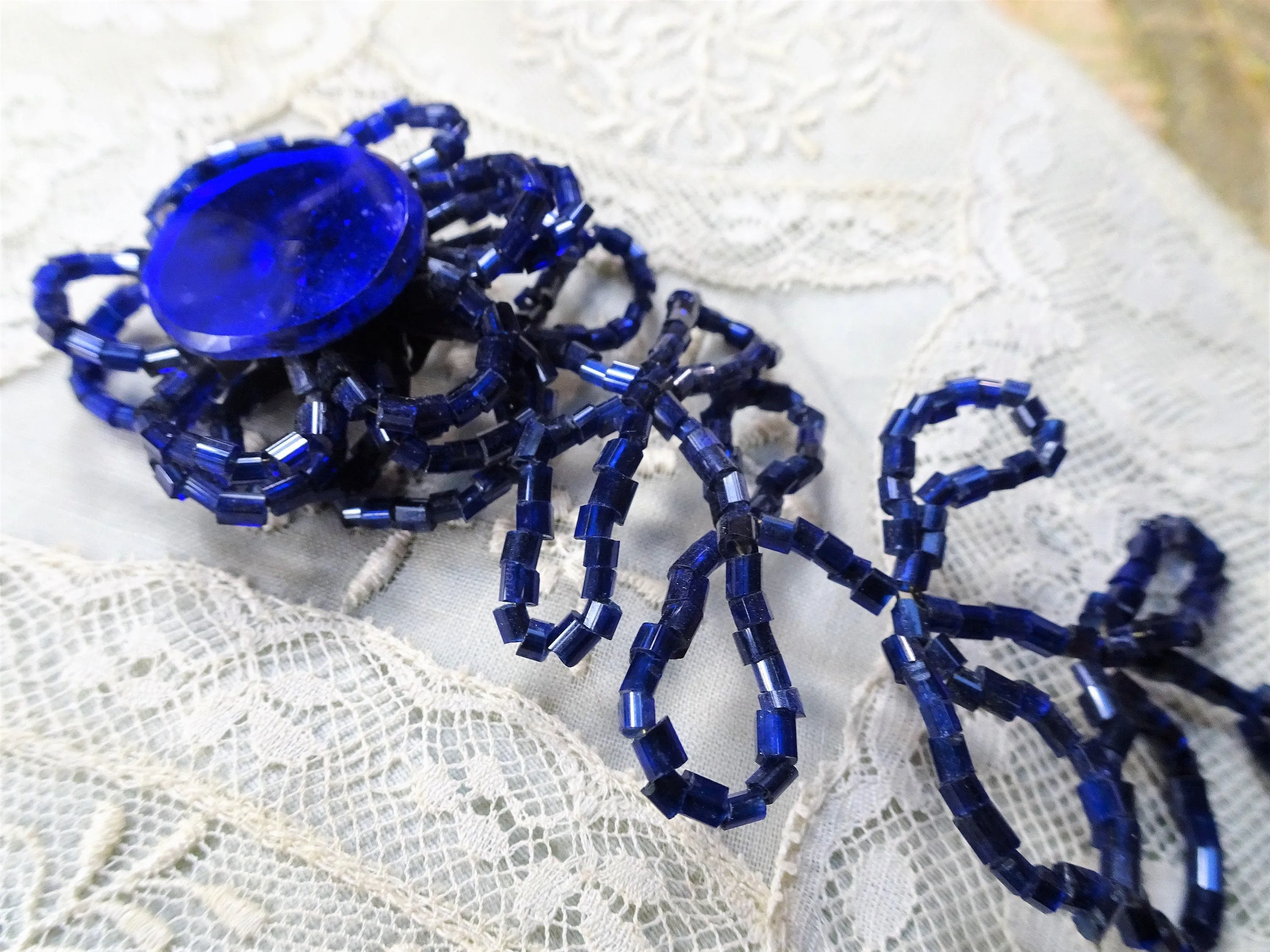 GORGEOUS Victorian French Dress Ornament, Royal Blue Glass, Beaded Glass Pin On Ornament, Unique and Rare Dress Trim, Collectible Trims