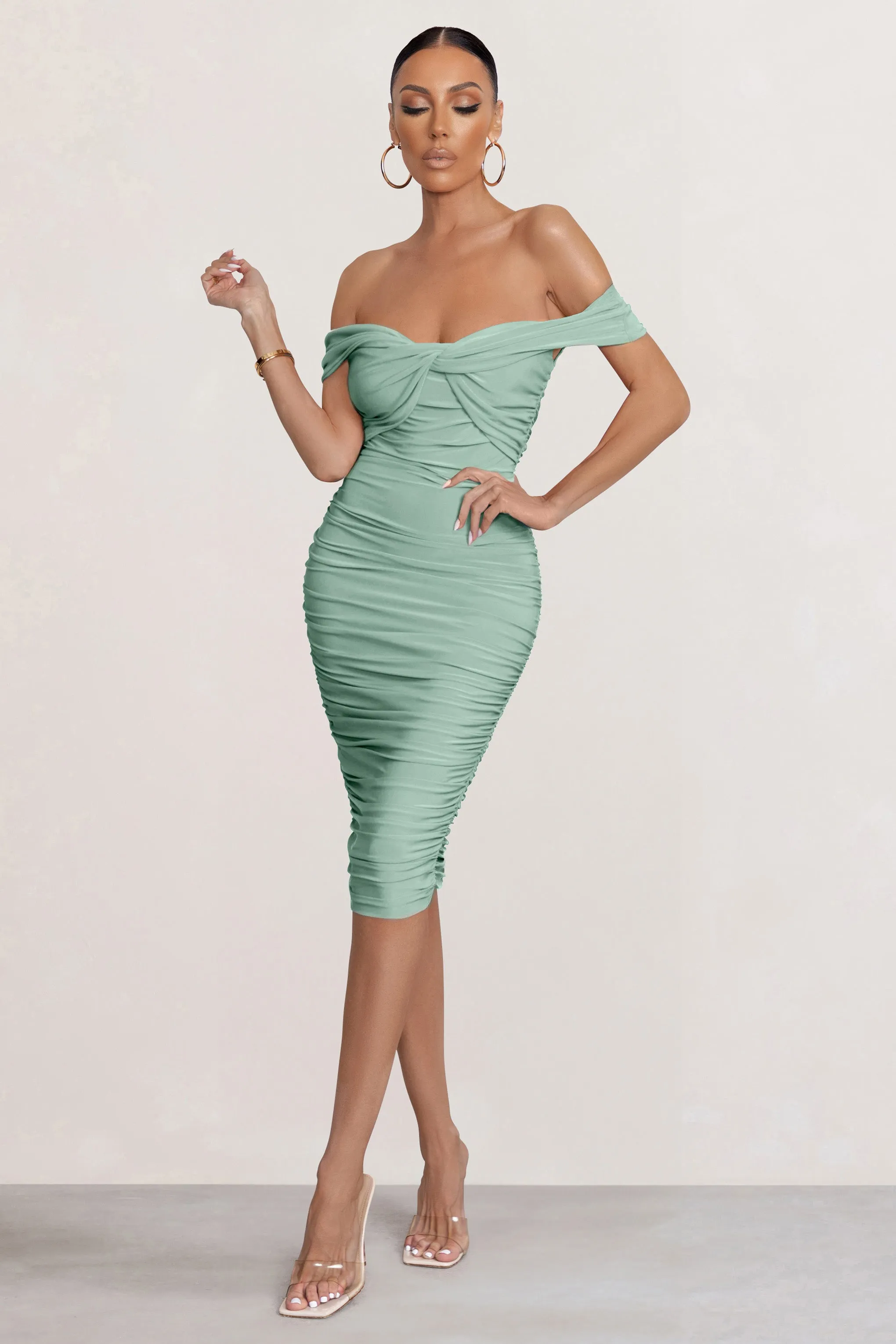 Gratitude | Sage Off The Shoulder Ruched Midi Dress