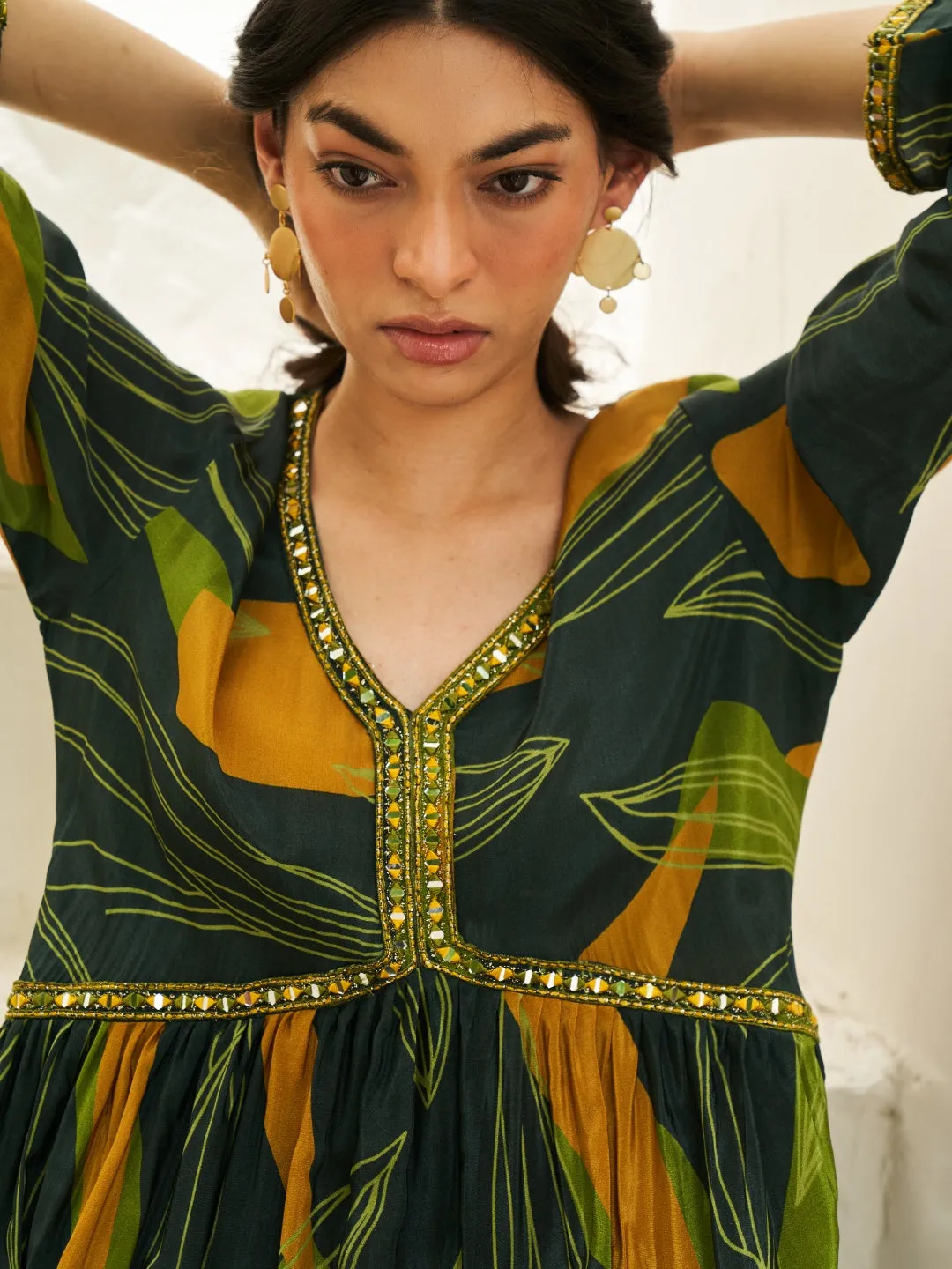 GREEN DIGITAL PRINTED VISCOSE SATIN WITH HAND EMBROIDERY DRESS