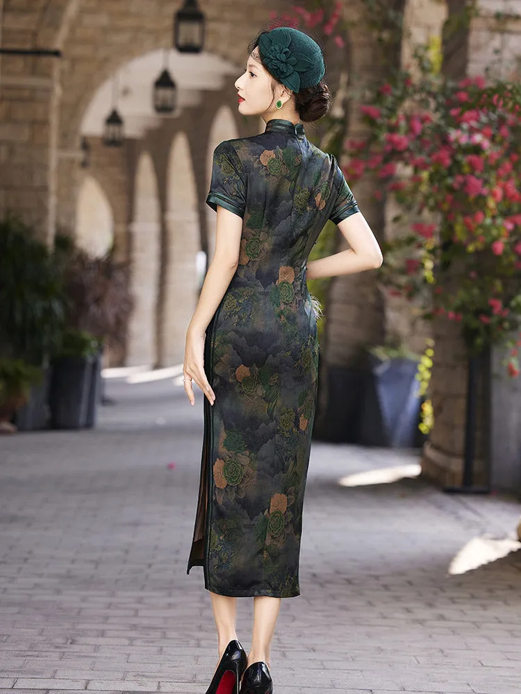 Green Vintage Jacquard Floral Printed Qipao Cheongsam Dress