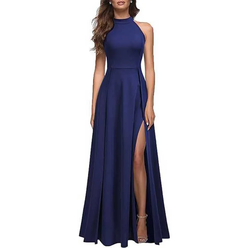 Halter Fitted Prom Dress Split Long Bridesmaid Dress