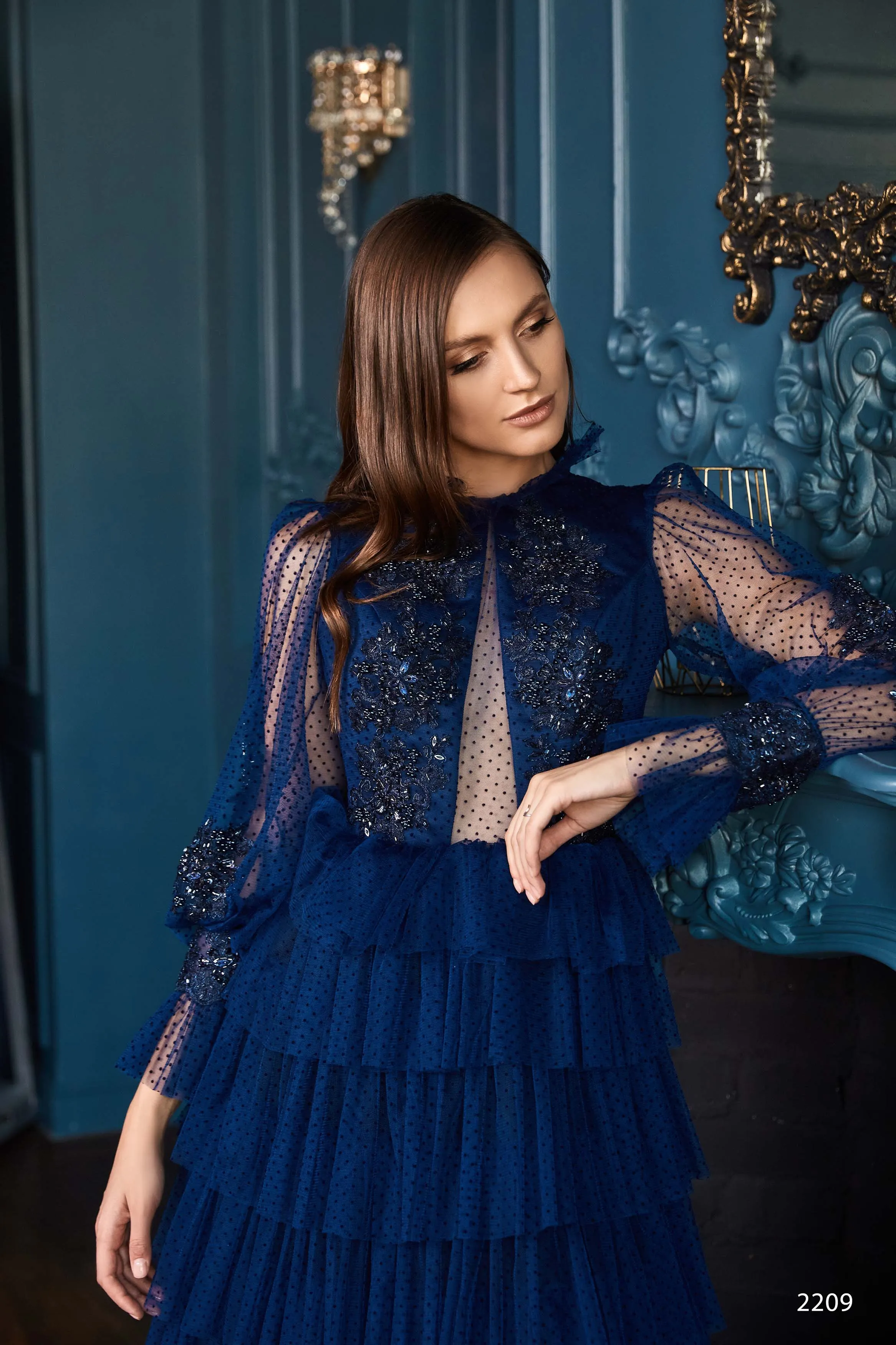 High Neck Ruffle Long Sleeve Tiered Formal Dress