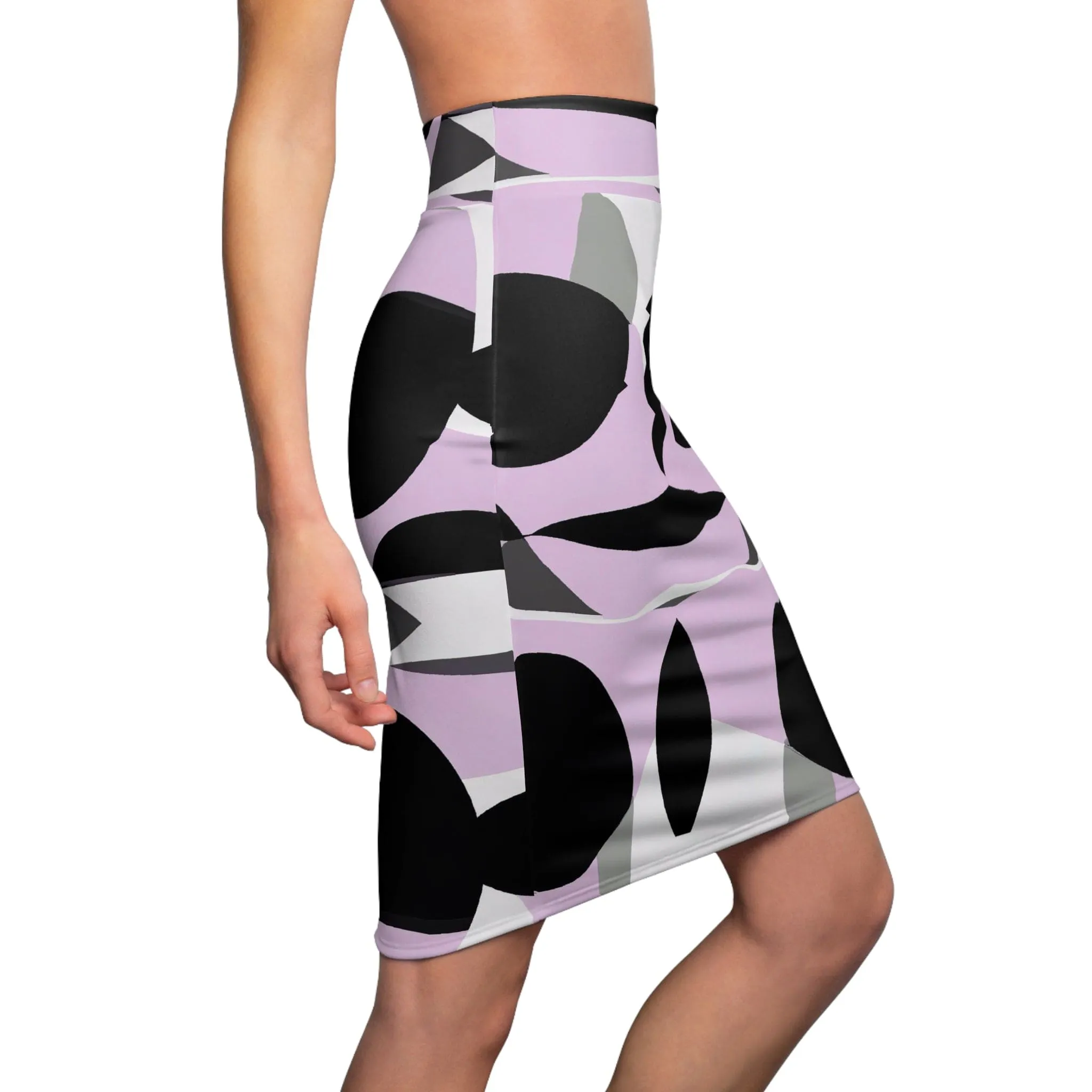 High Waist Womens Pencil Skirt - Contour Stretch - Geometric Lavender and Black Pattern