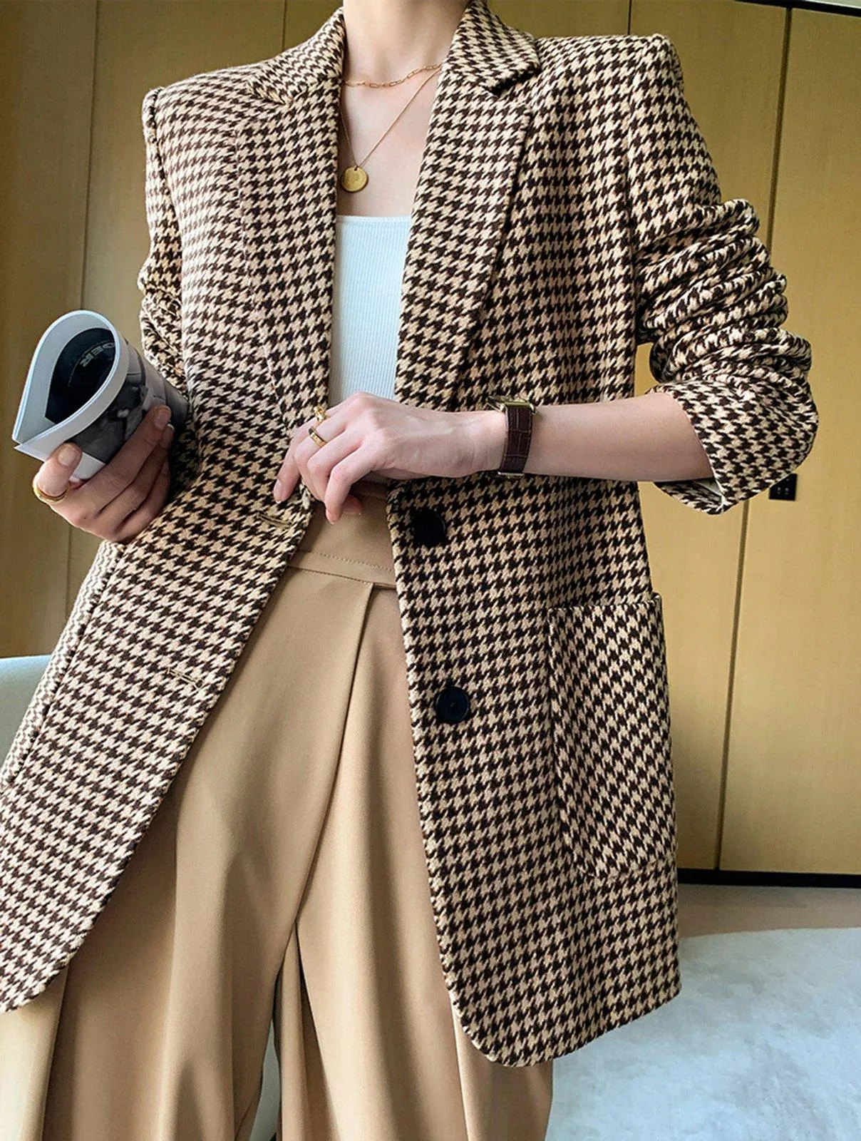 Houndstooth Wool Blend Belted Blazer