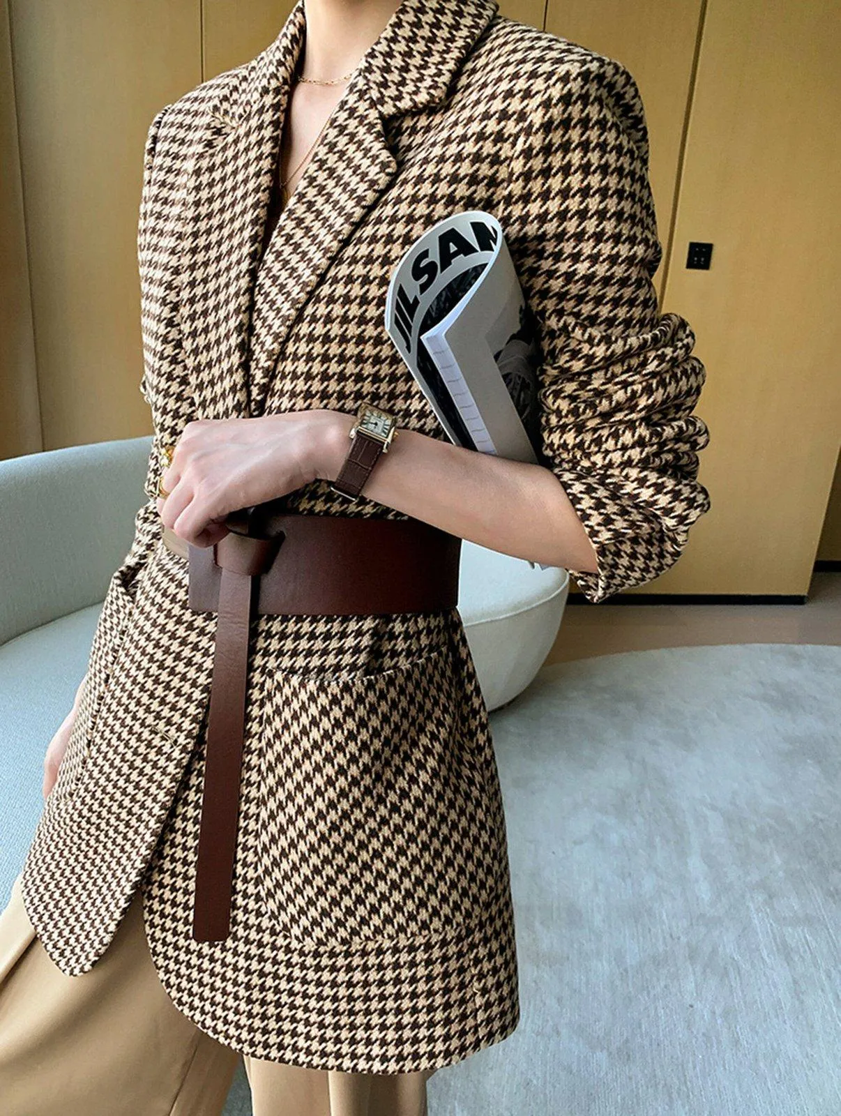 Houndstooth Wool Blend Belted Blazer