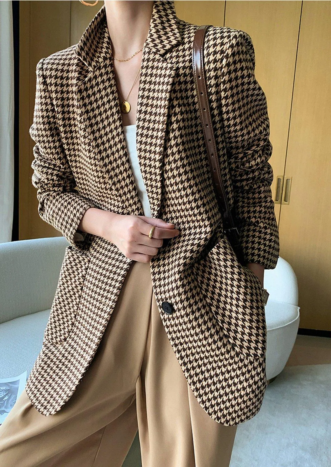 Houndstooth Wool Blend Belted Blazer