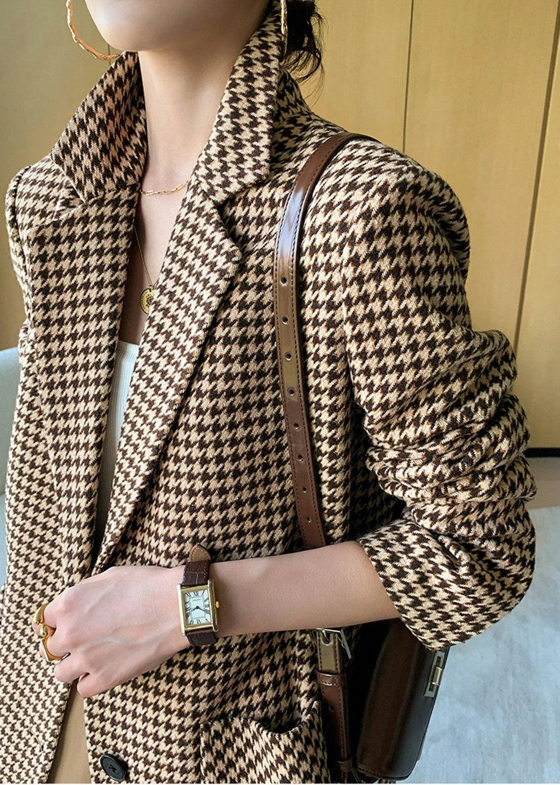 Houndstooth Wool Blend Belted Blazer