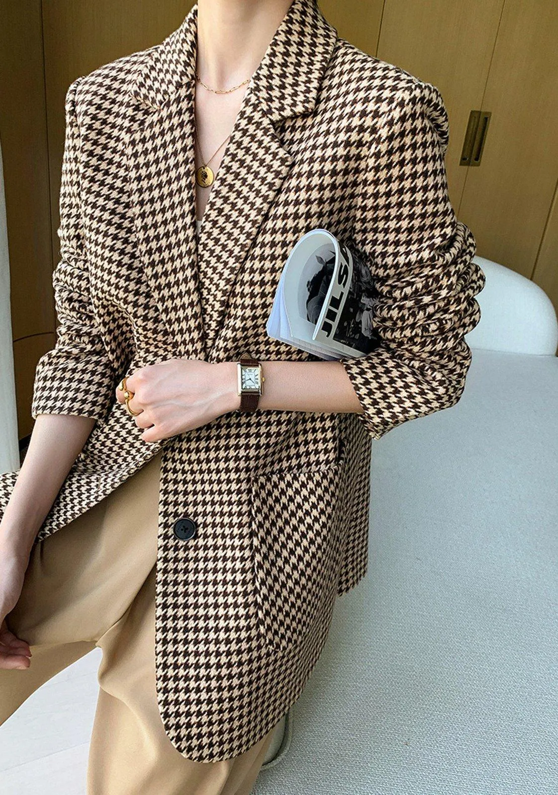 Houndstooth Wool Blend Belted Blazer