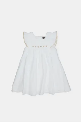 Infant Girls White Seersucker Embroidered Yoke Dress