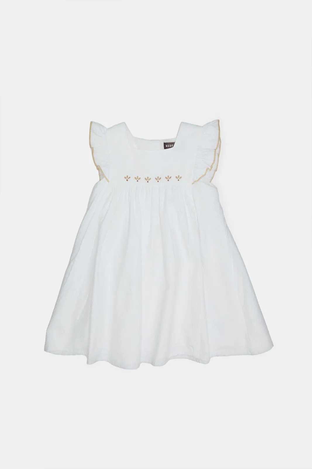 Infant Girls White Seersucker Embroidered Yoke Dress