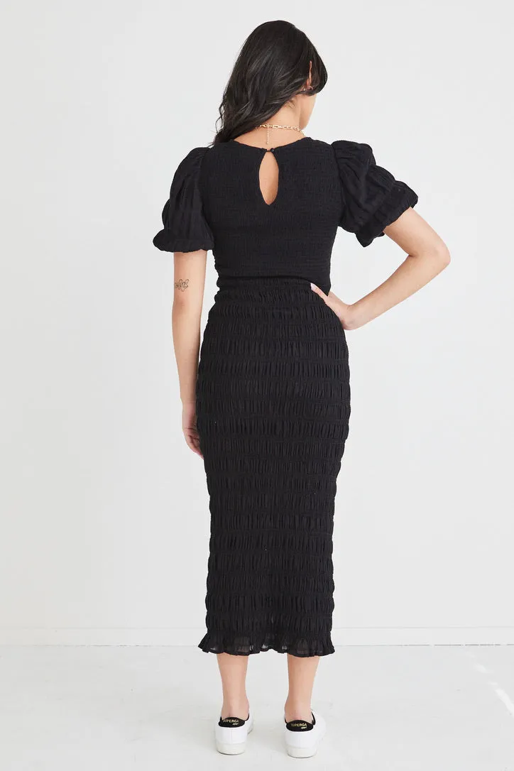 Jade Black Shirred Cotton Puff Sleeve Ruched Maxi Dress