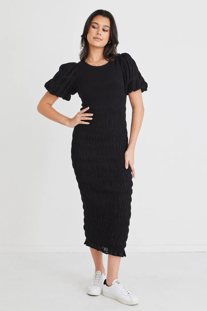 Jade Black Shirred Cotton Puff Sleeve Ruched Maxi Dress