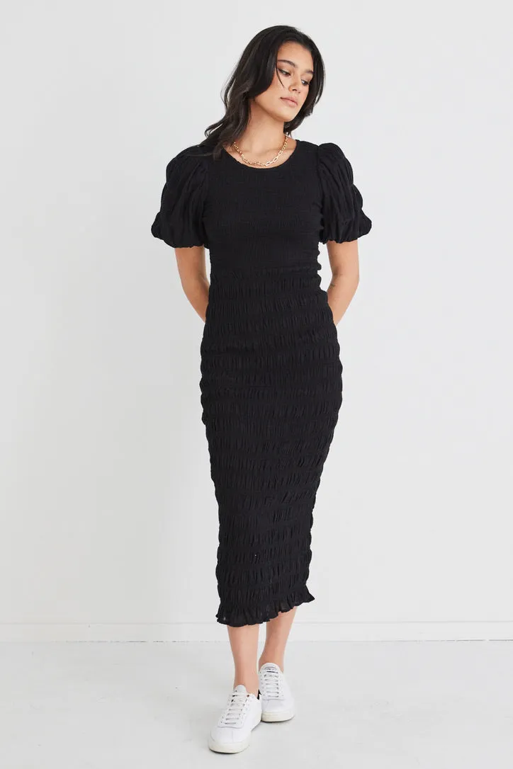 Jade Black Shirred Cotton Puff Sleeve Ruched Maxi Dress