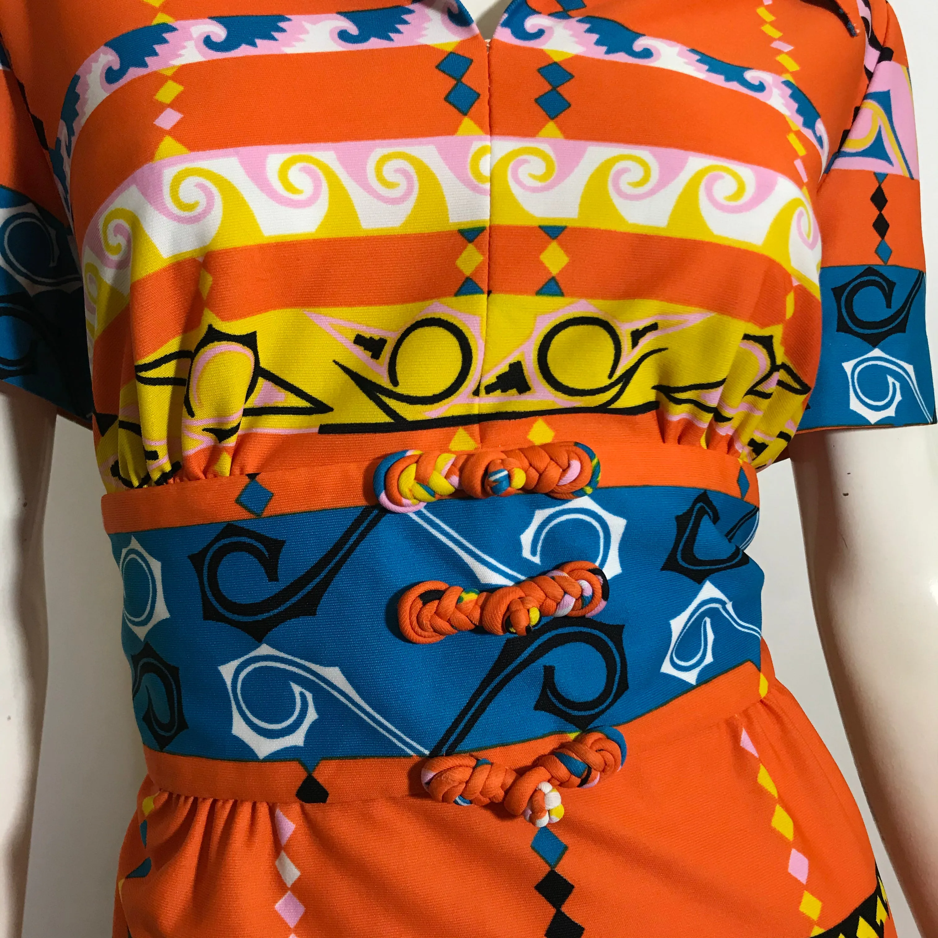 Japanese Graphics Blue and Orange Dress with Frog Knot Details circa 1970s