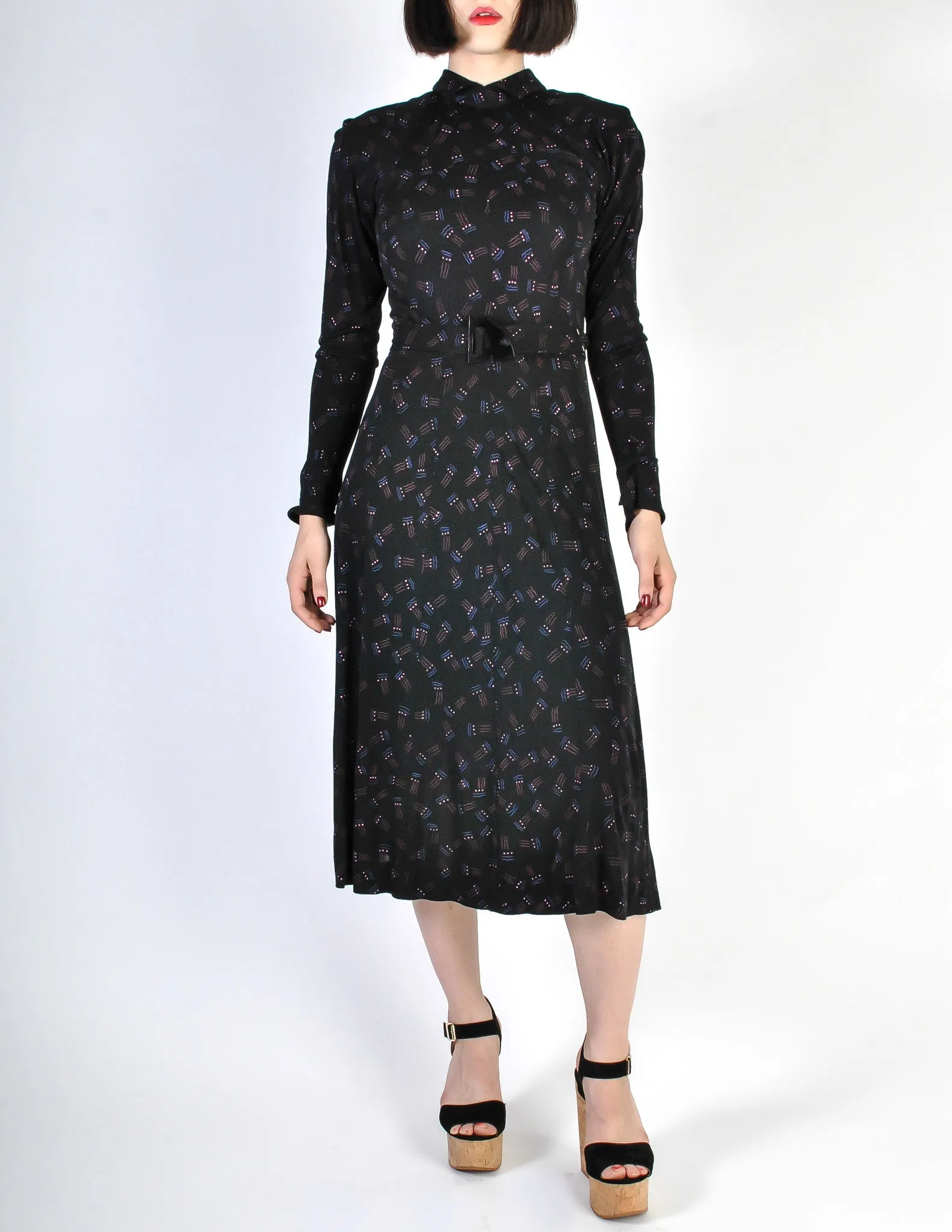 Jean Muir Vintage Collared Black Graphic Print Jersey Dress