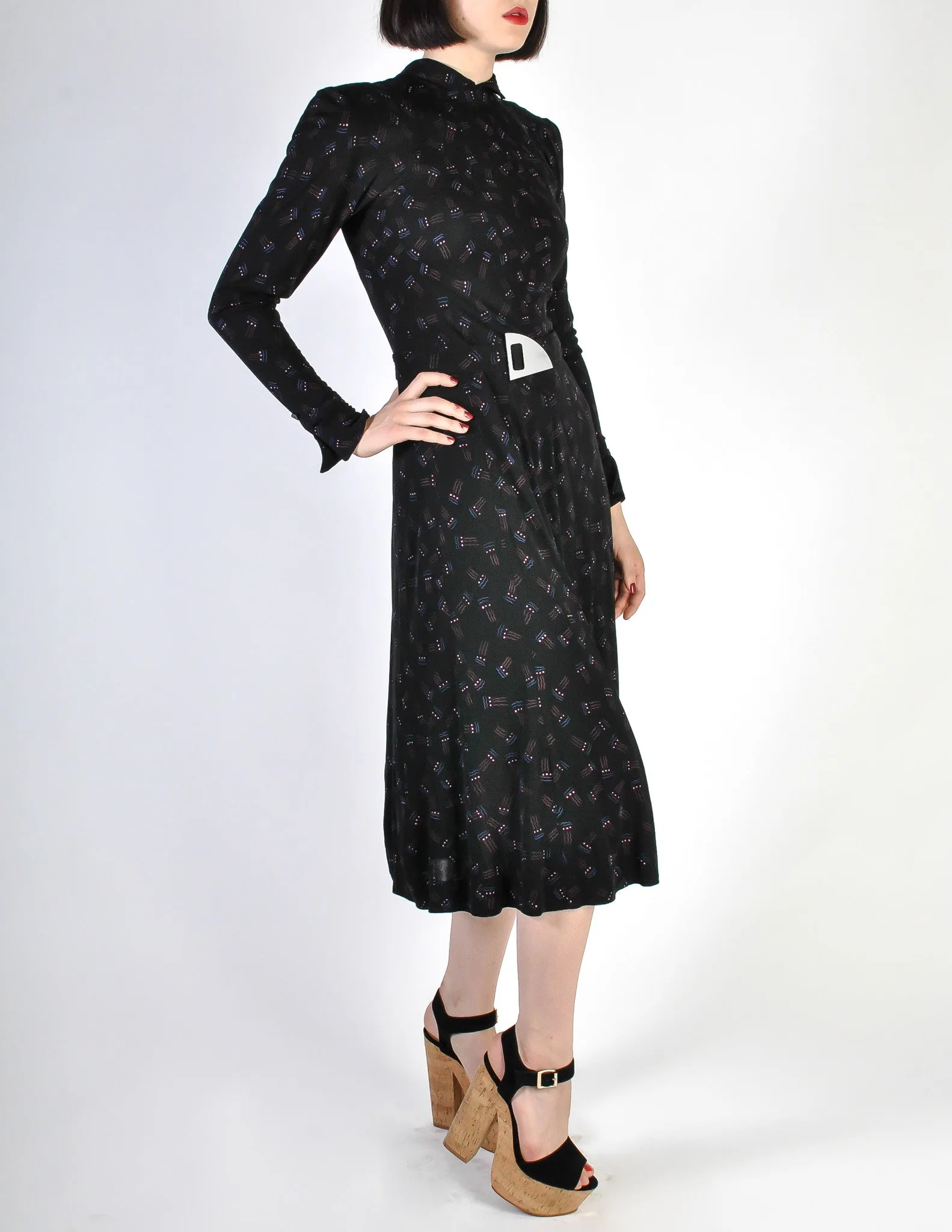 Jean Muir Vintage Collared Black Graphic Print Jersey Dress