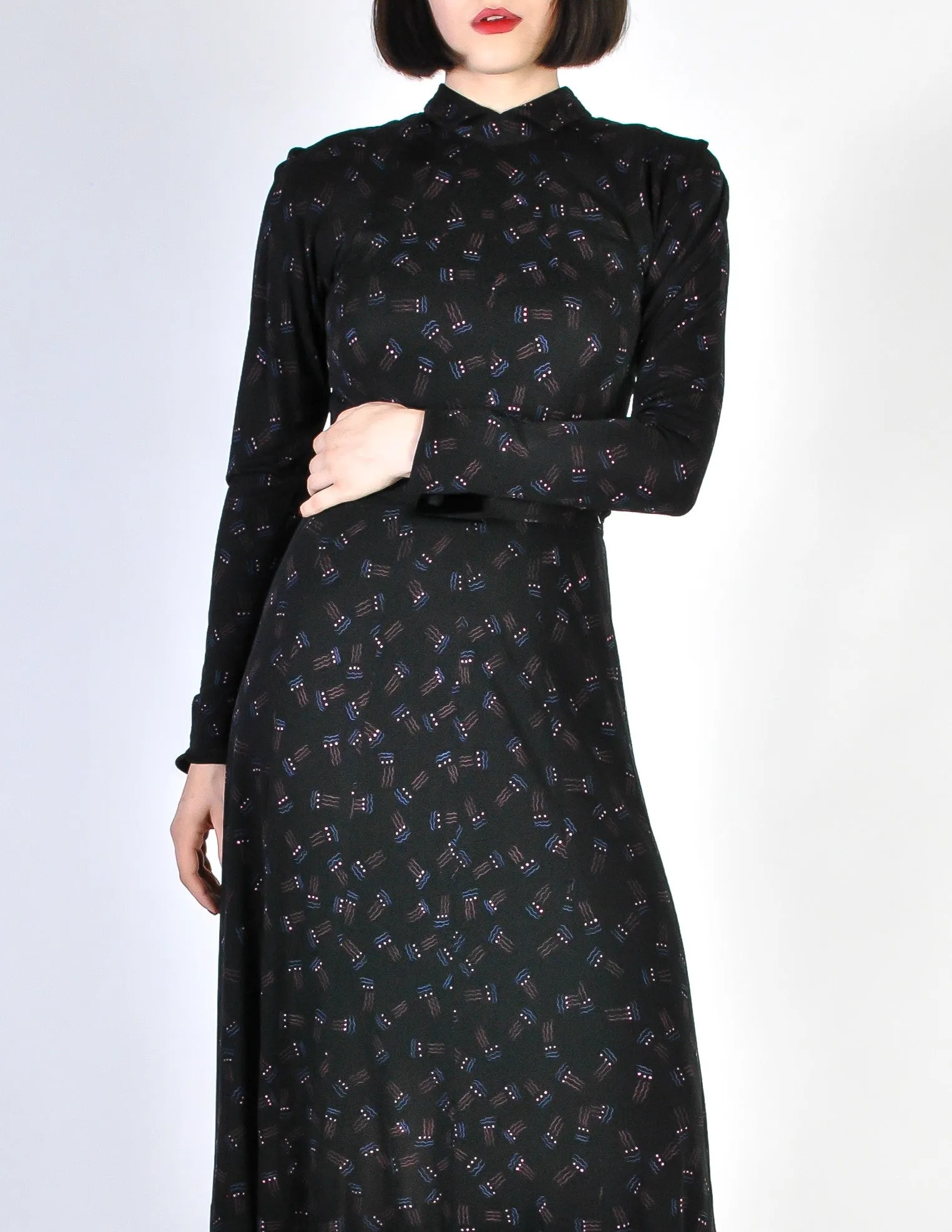 Jean Muir Vintage Collared Black Graphic Print Jersey Dress