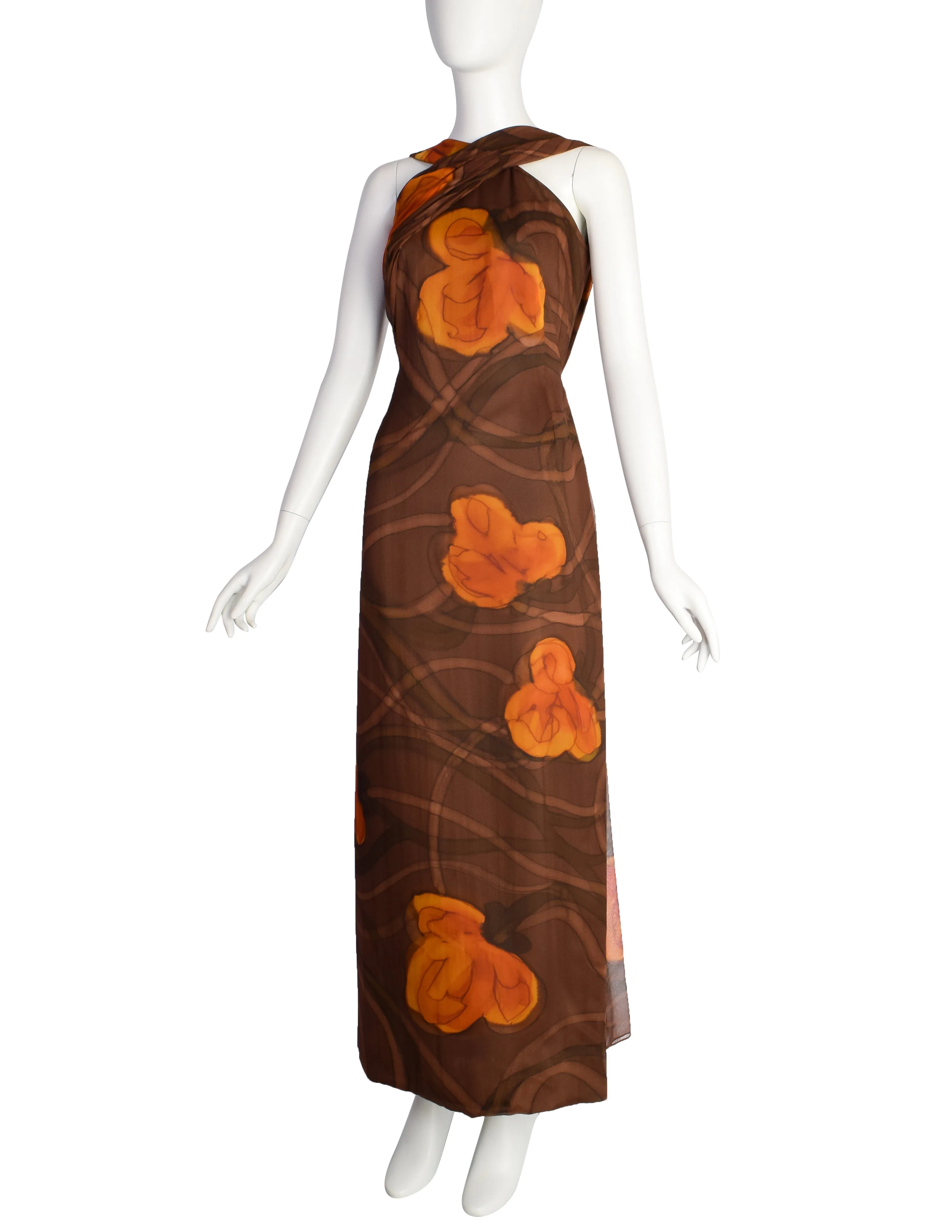 John Cavanagh Vintage 1960s Brown Floral Hand Painted Silk Chiffon Gown