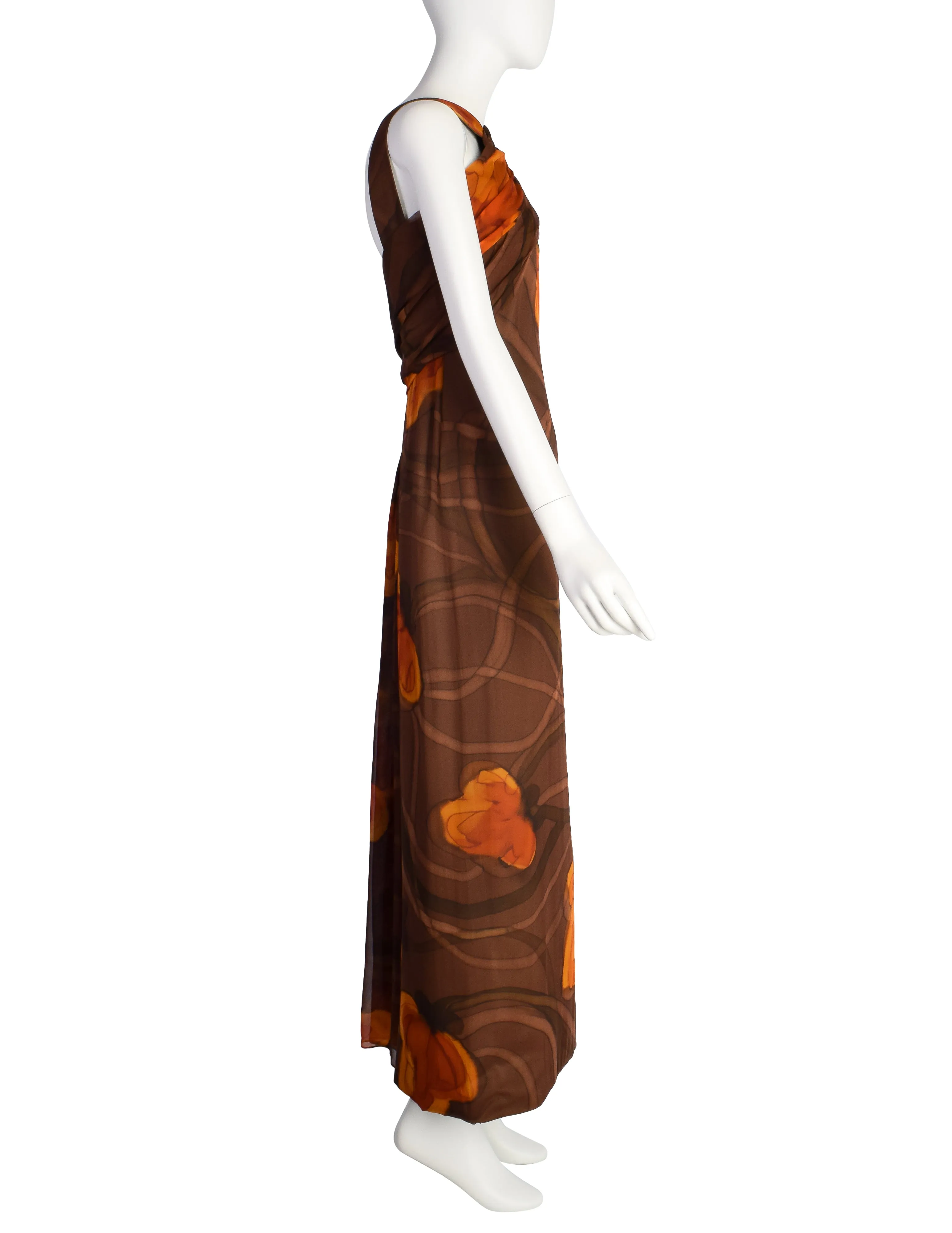 John Cavanagh Vintage 1960s Brown Floral Hand Painted Silk Chiffon Gown