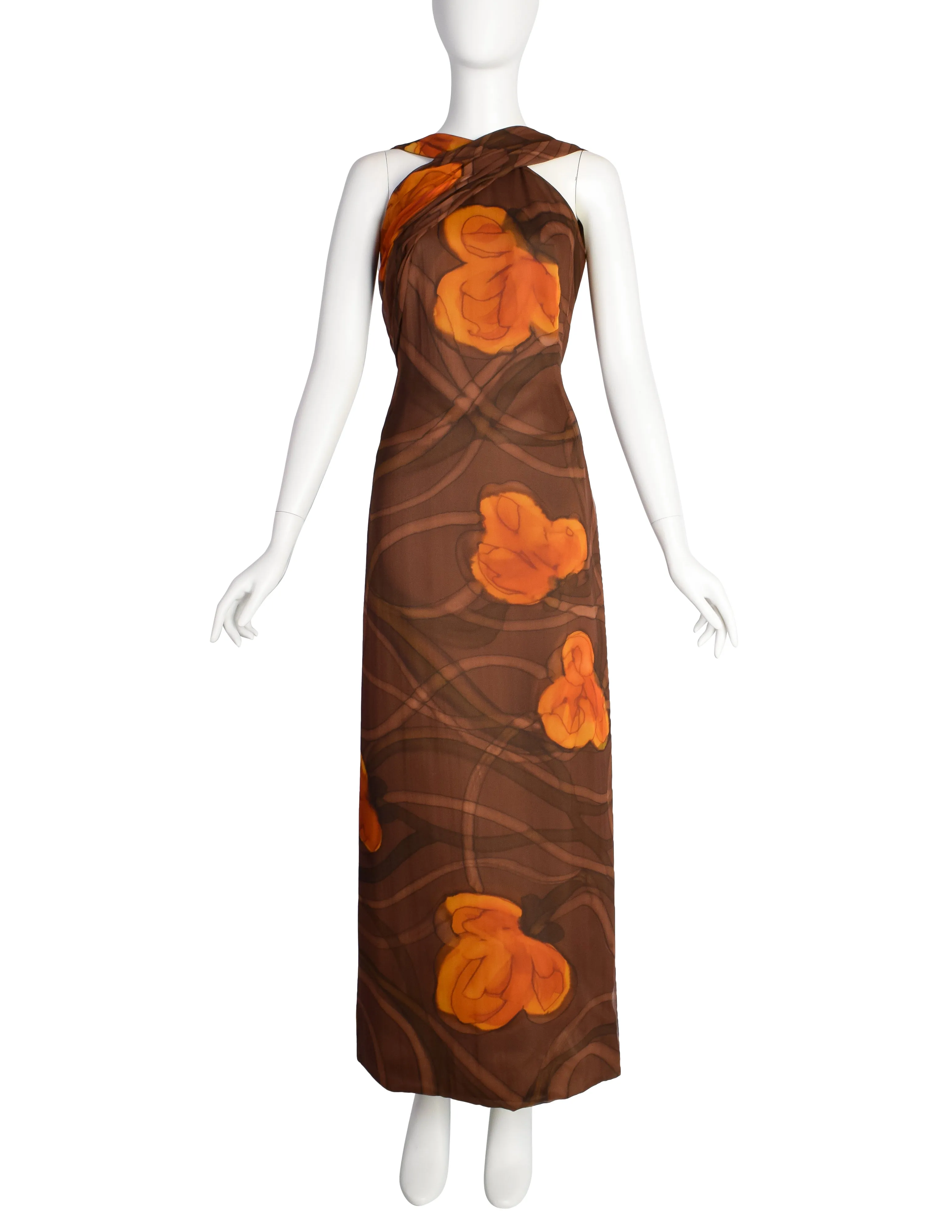 John Cavanagh Vintage 1960s Brown Floral Hand Painted Silk Chiffon Gown