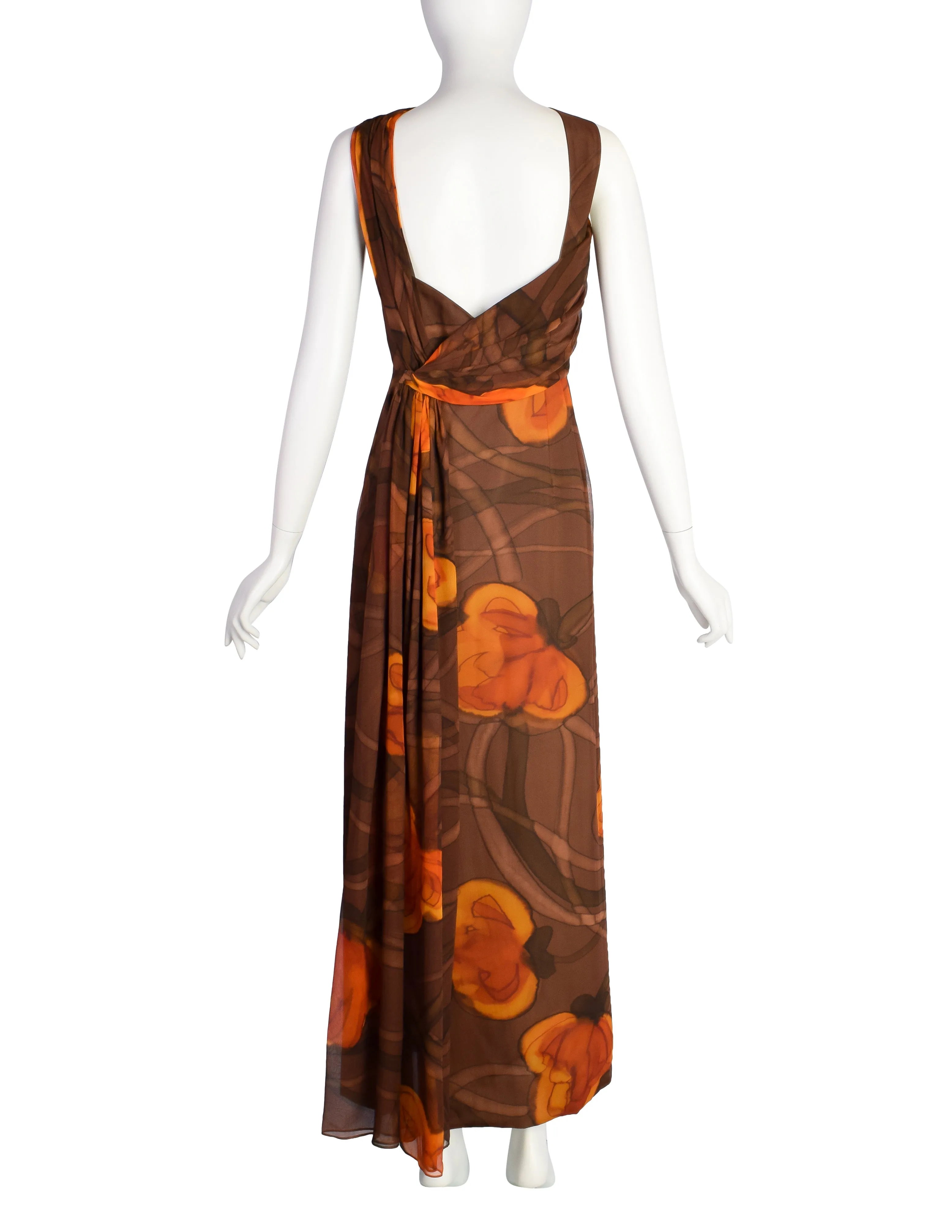 John Cavanagh Vintage 1960s Brown Floral Hand Painted Silk Chiffon Gown