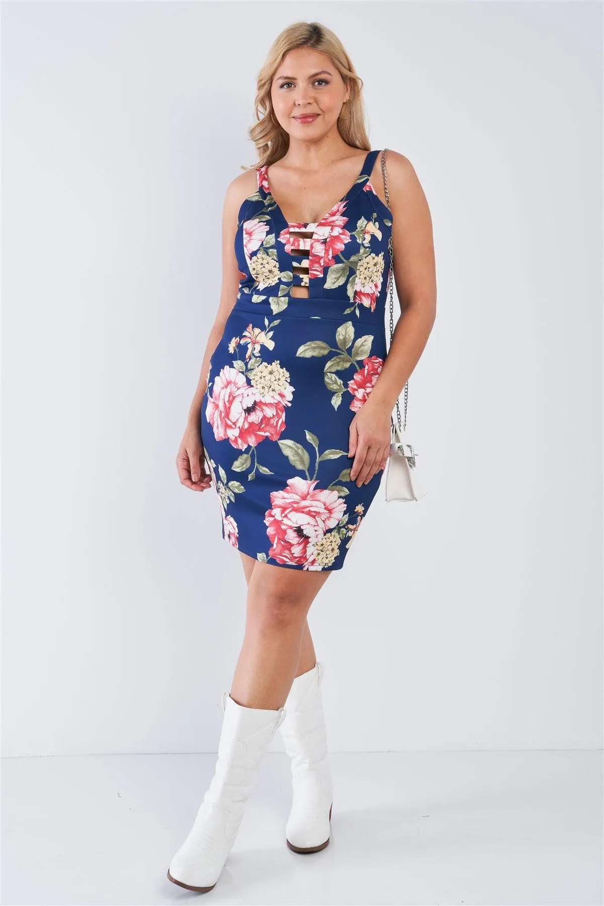 Junior Plus Size Navy Floral V-Neck Strap Front Bodycon Mini Dress /2-2-2